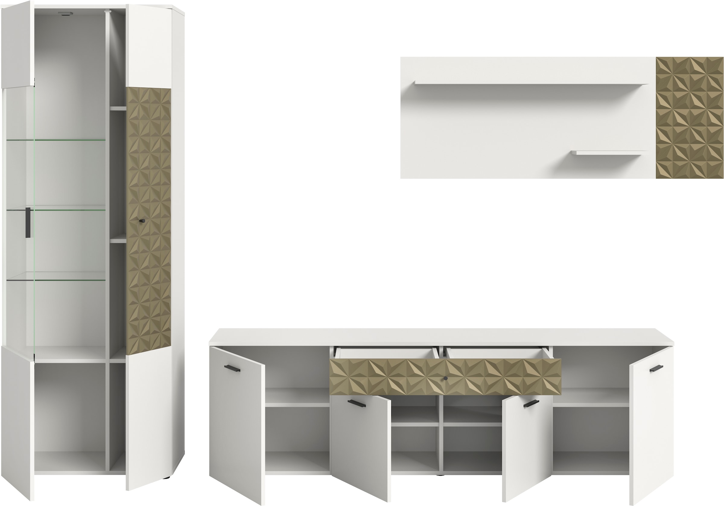 INOSIGN Wohnwand »Vicenza, 3-teilig, bestehend aus: Vitrine, Lowboard, Wandboard«, (3 St.), mit Ornamentabsetzung, Kombination, Anbauwand, TV-Wand, Schrankwand