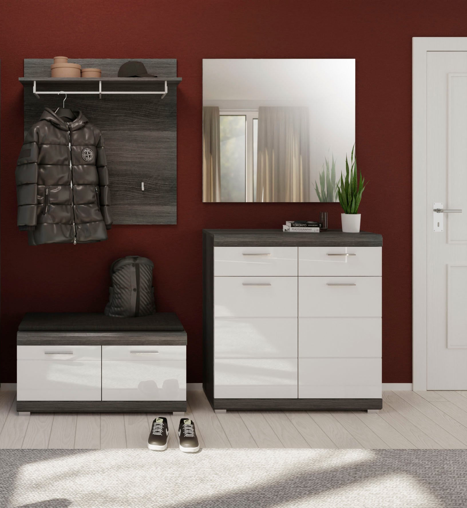 INOSIGN Garderoben-Set »Siena, Fronten mit hochwertiger Rillenfräsung, 4-teilig,bestehend aus:«, (4 St.), Sitzbank, Garderobenpaneel, Schuhschrank & Garderobenspiegel