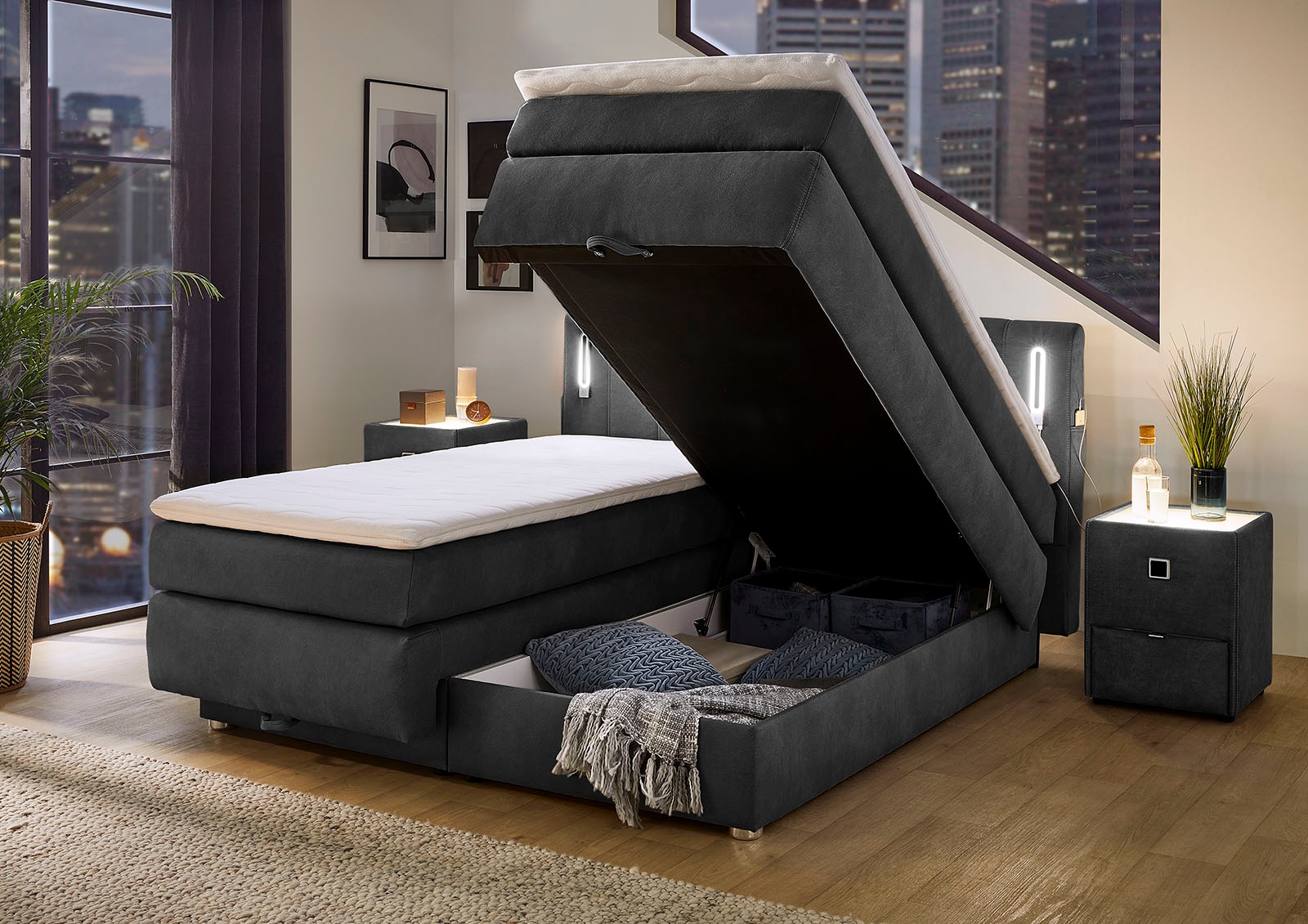 Jockenhöfer Gruppe Boxspringbett Kati, mit Topper, Bettkasten, dimmbare LED-Beleuchtung und USB Ladeport