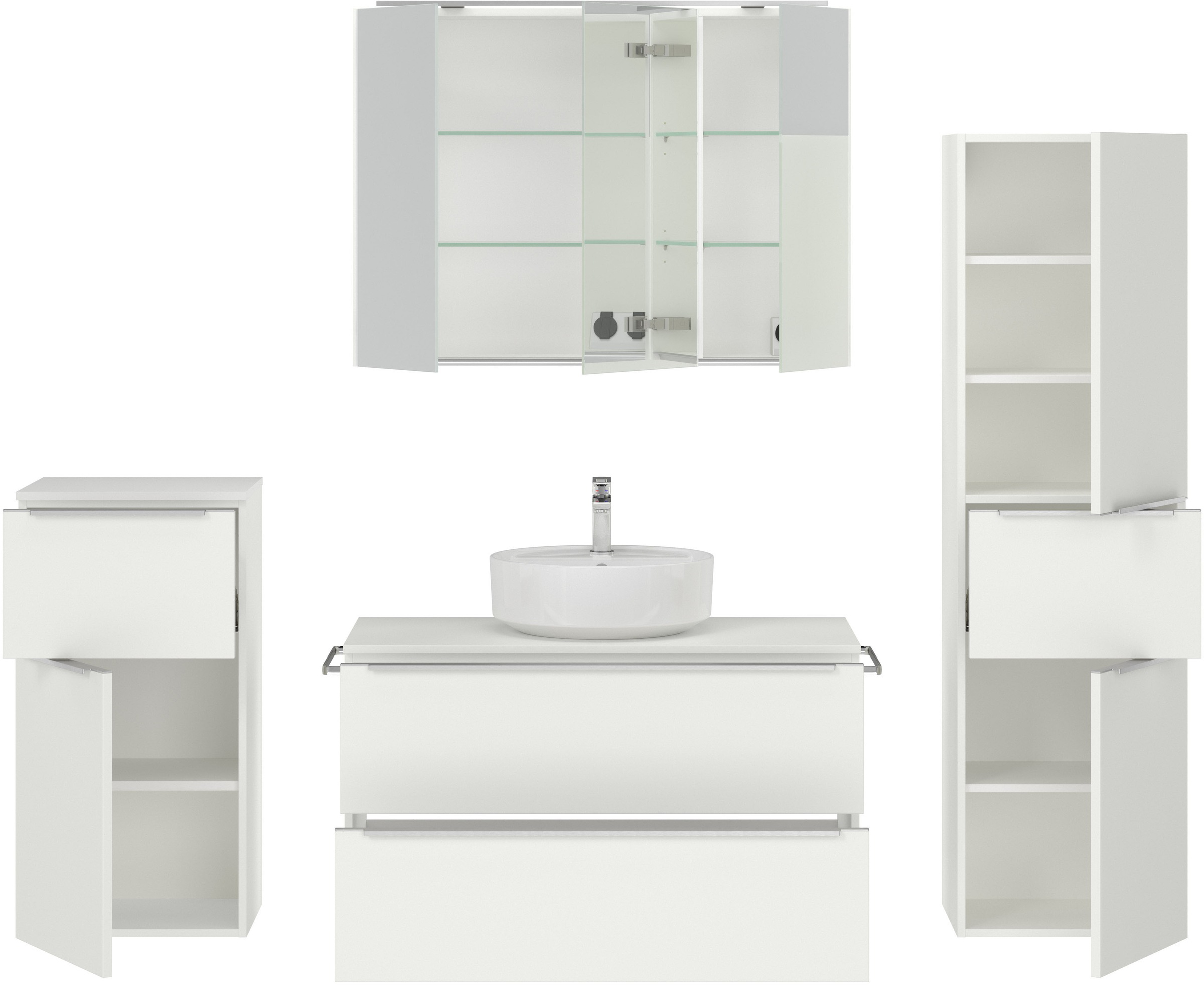 nobilia® Badmöbel-Set »Alvene«, (4 St., vormontiert, mit Soft-Close), inkl. Spiegelschrank mit Beleuchtung und Dimmerfunktion, in 4 Breiten