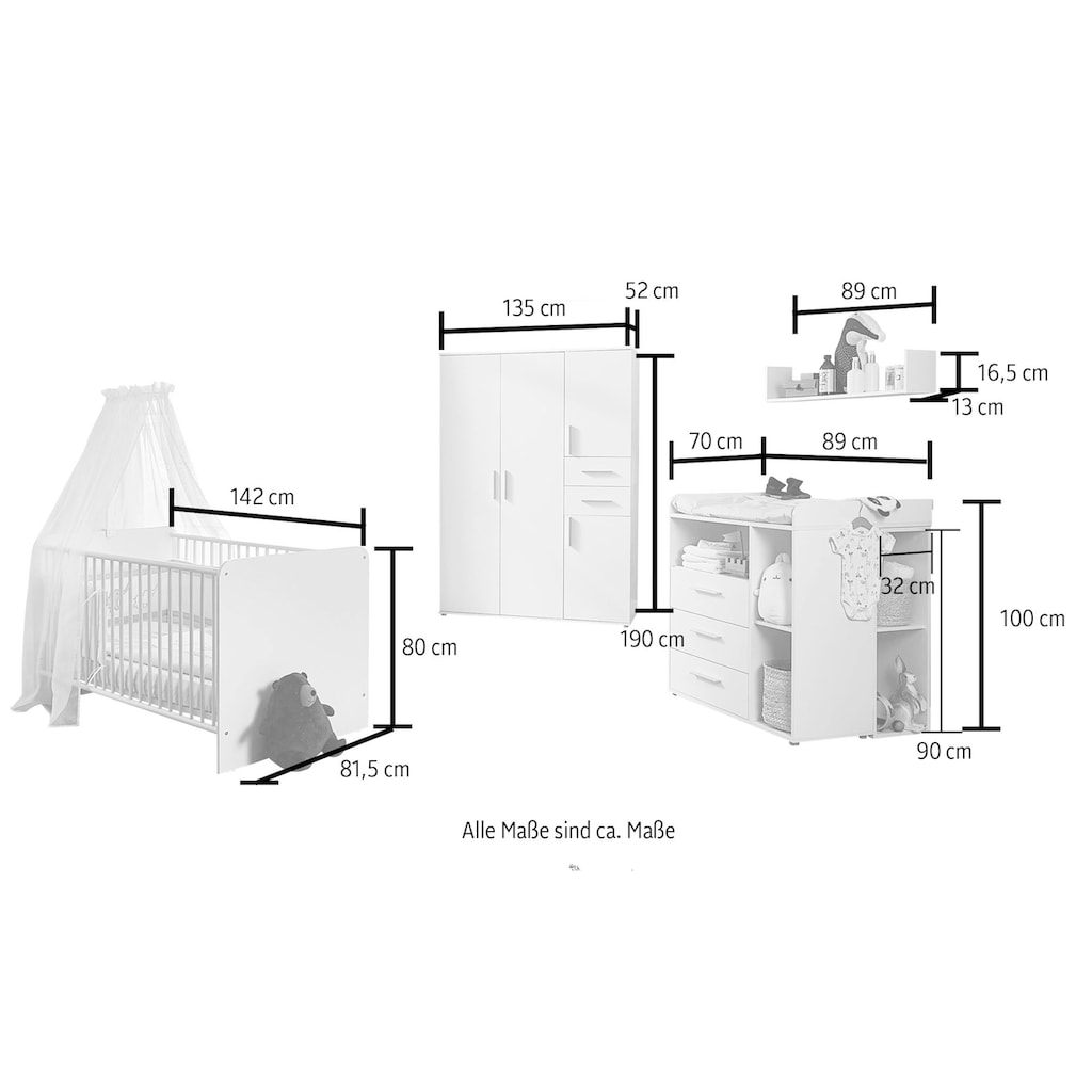 BMG Möbel Babyzimmer-Komplettset »Lea«, (Set, 6 St., Bett, Wickelkommode, Unterbauregal, Schrank, Wandboard), Bett + Wickelkommode + 2x Unterbauregal + 4-trg. Schrank + Wandboard