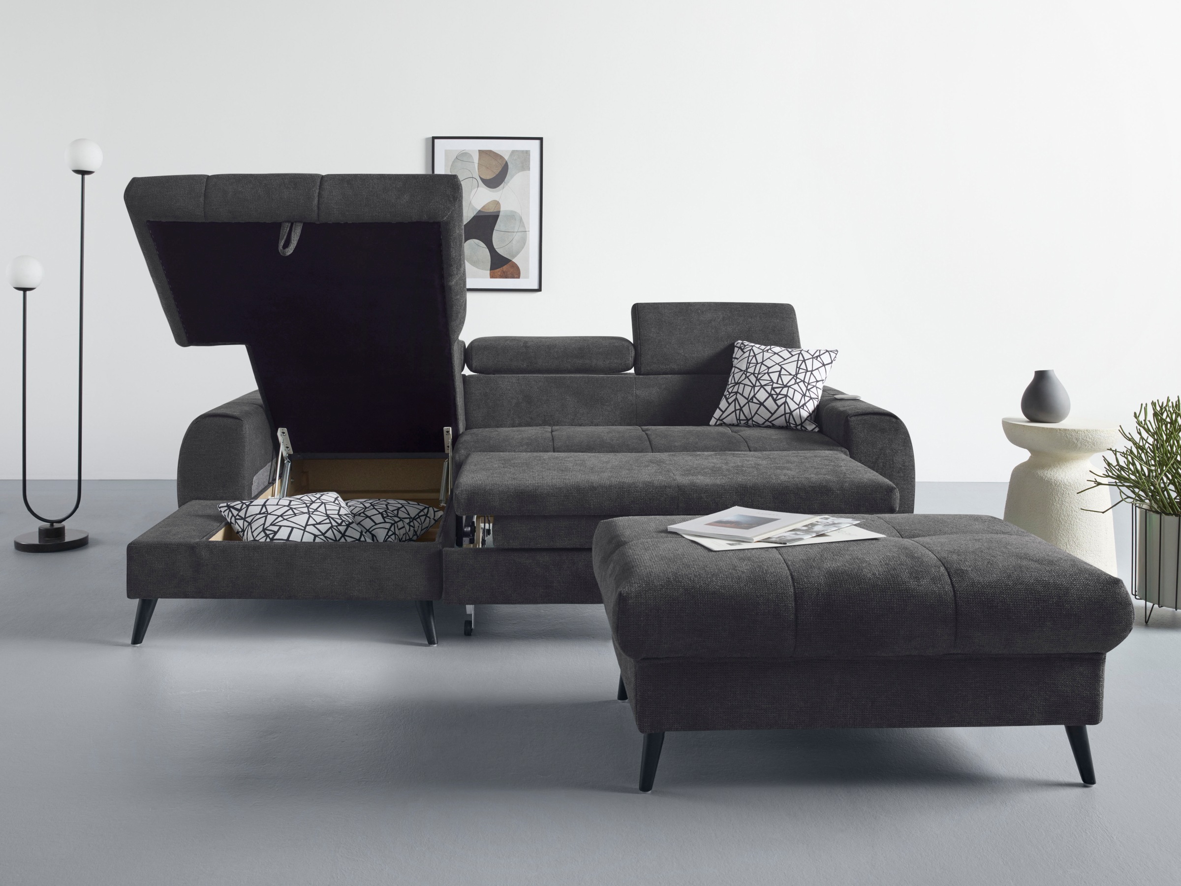 COTTA Ecksofa »Mia L-Form mit 3 Zierkissen«, wahlweise mit Bettfunktion, Bettkasten, Beleuchtung & Wireless-Charger