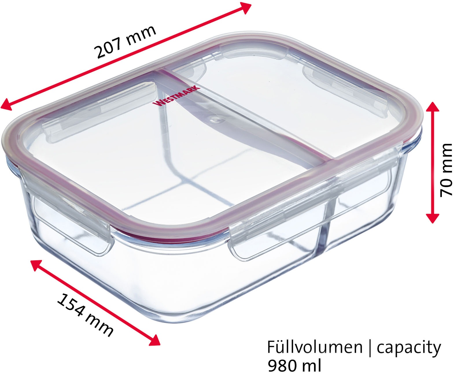 WESTMARK Frischhaltedose »Glas-Frischhaltedose 980 ml, mit 2 separaten Fächern«, (1 tlg.), mikrowellen- und ofenfest, 980 ml = 550 + 430 ml
