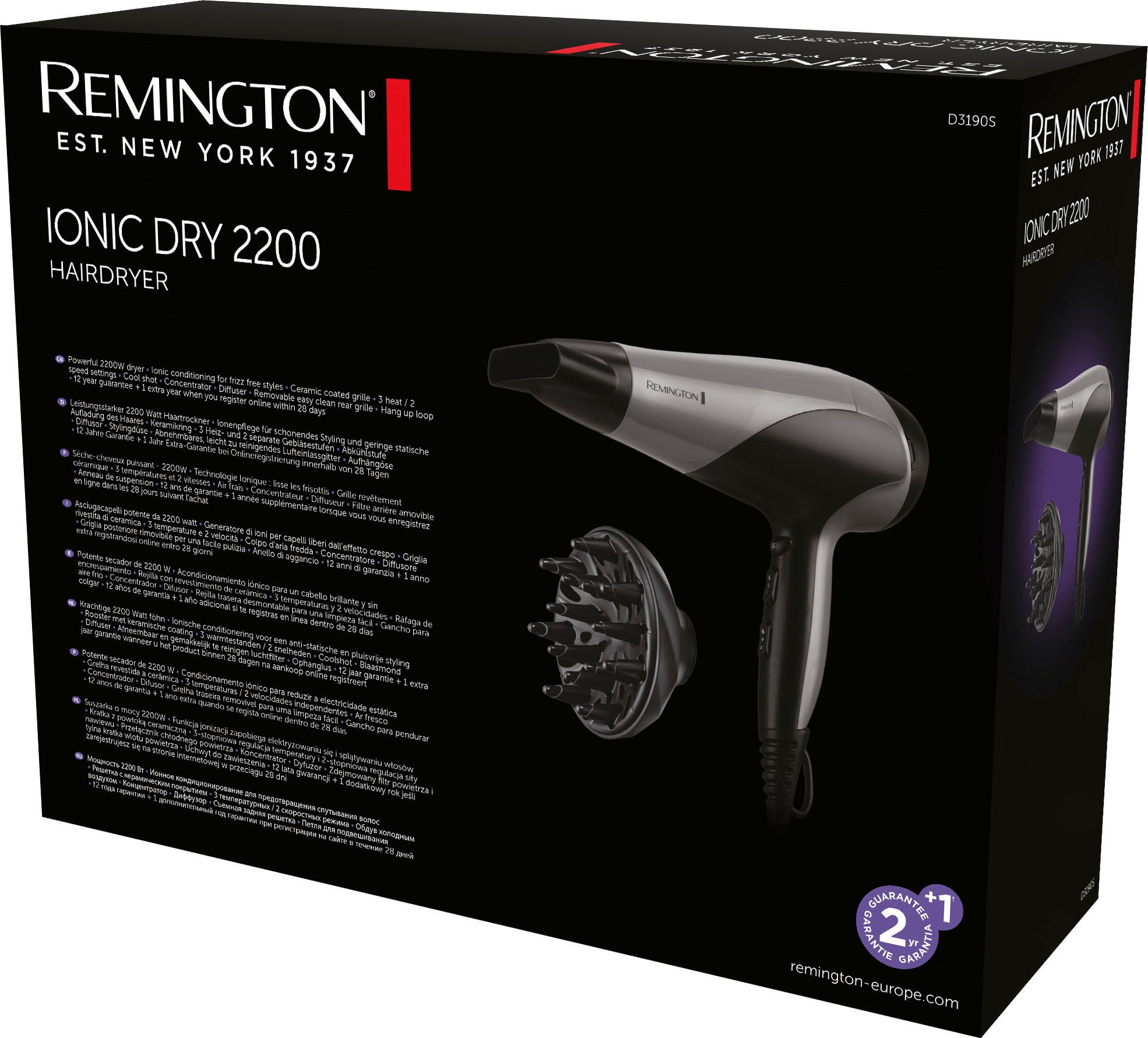 Remington Ionic-Haartrockner »Ionic Dry 2200 D3190S«, 2200 W, 2 Aufsätze, Schnelles, effizientes Styling, Ionenpflege, Stylingdüse & Diffusor