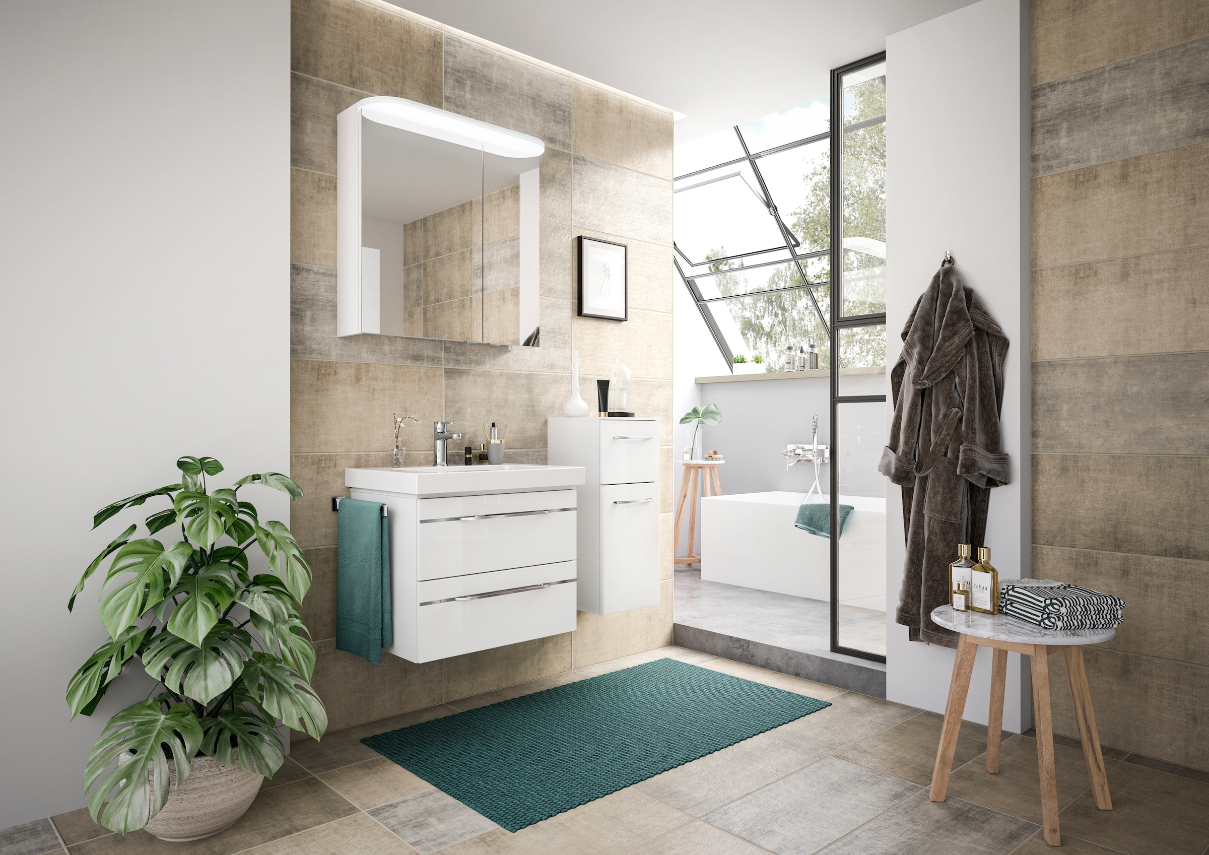 Saphir Badmöbel-Set »Balto Sprint 3-teilig, Mineralmarmor-Waschtisch mit LED-Spiegelschrank«, (4 St.), Badezimmer Set mit Unterschrank inkl Türdämpfer, 3 Türen, 3 Schubladen