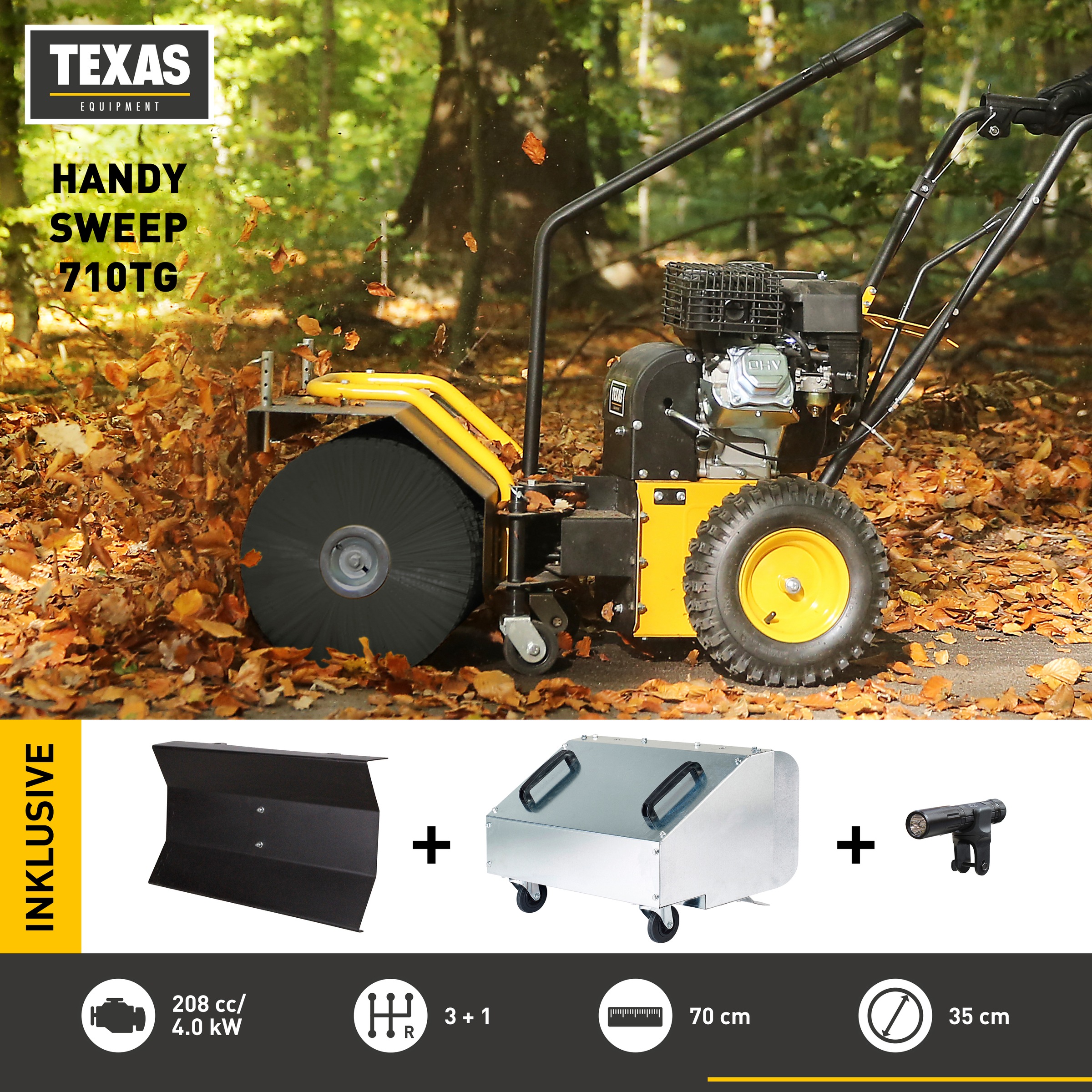 Texas Benzin-Kehrmaschine »Handy Sweep 710 TG« Set,  inkl. Fangkorb, Schaberklinge und LED-Leuchte mit Halterung
