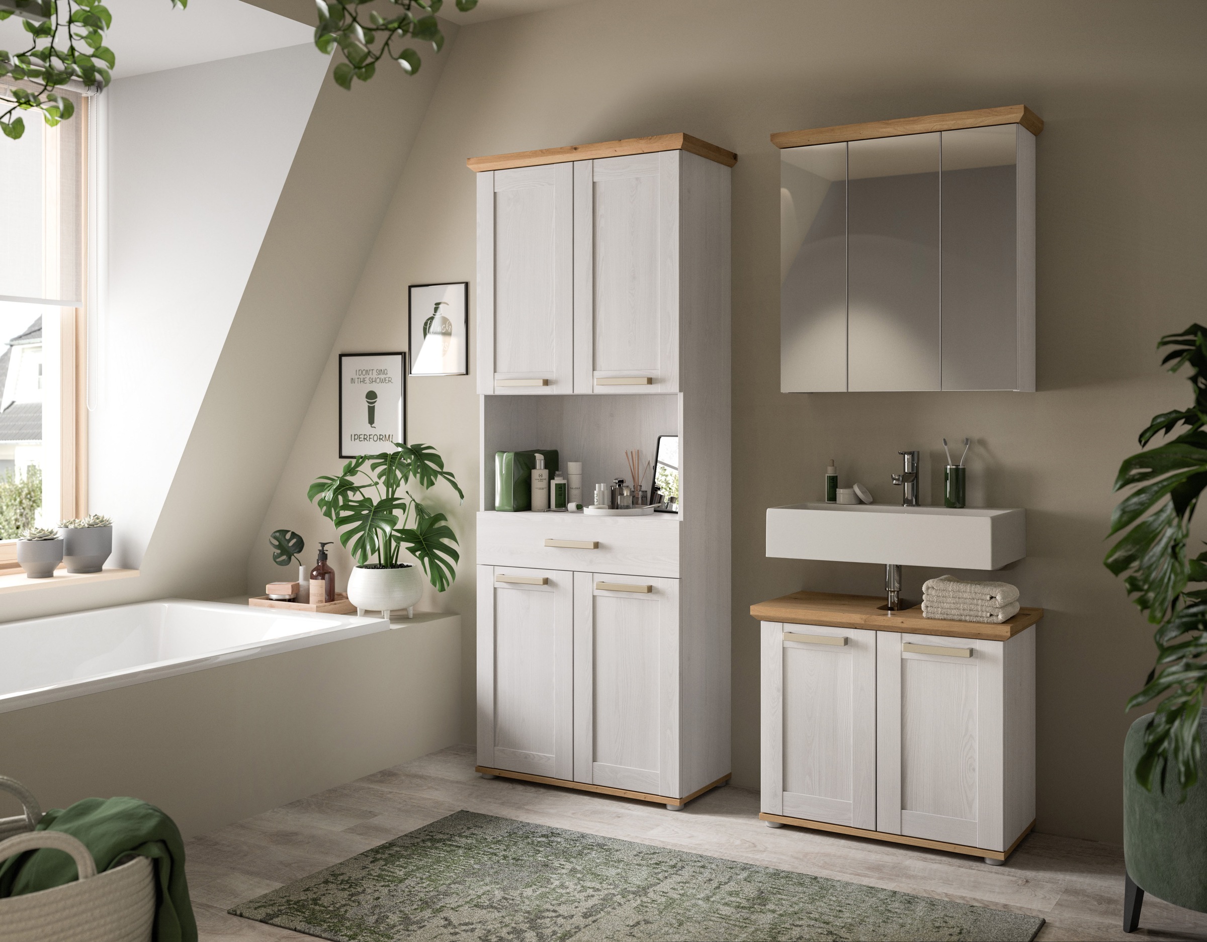 welltime Badmöbel-Set »COSENZA, 3-teilig, in Landhausoptik, mit farblich abgesetztem Kranz« best. aus: Hochschrank, Spiegelschrank und Waschbeckenunterschrank, 3 Stk. tlg.