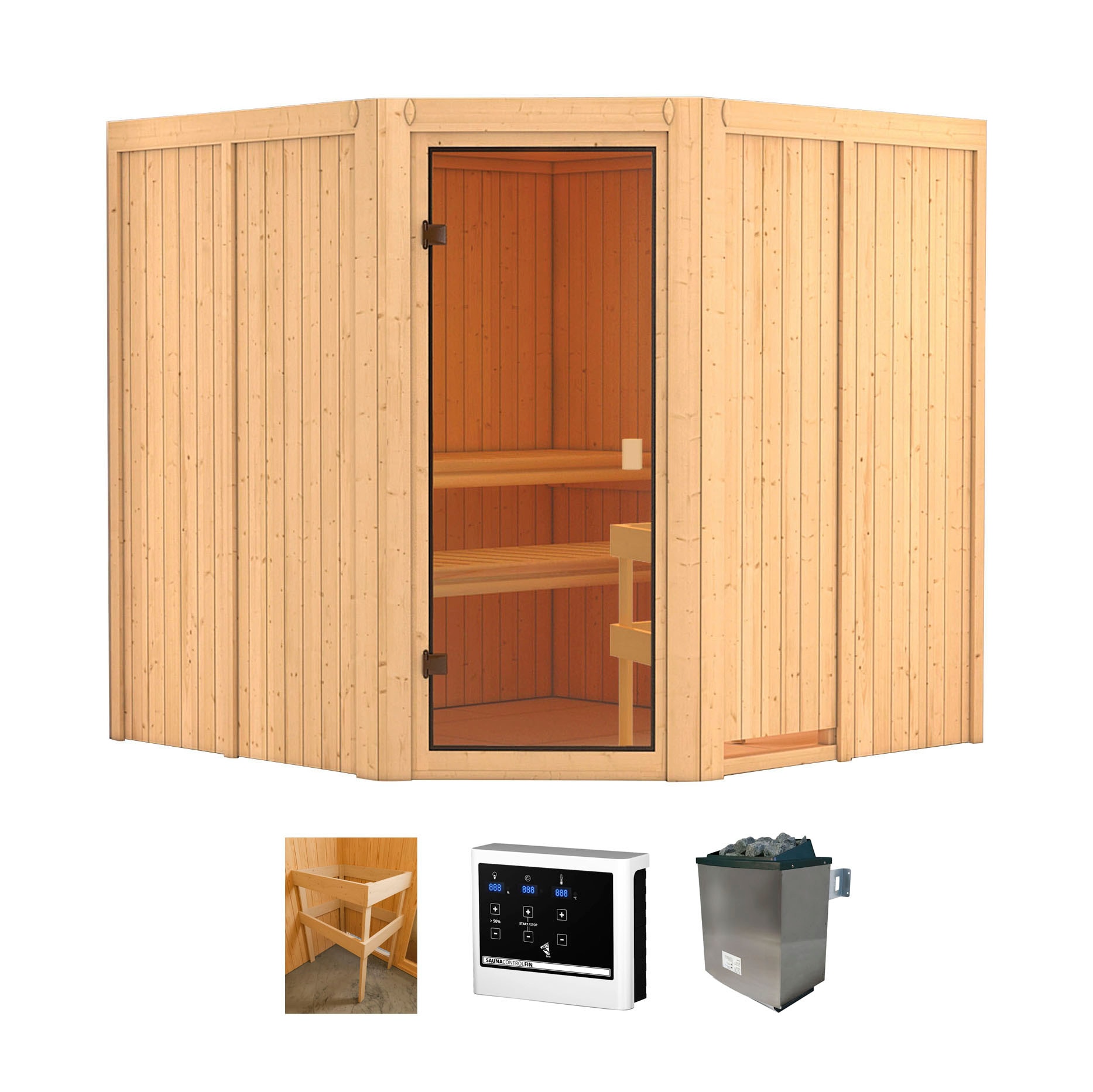 Sauna „Merkur“, (Set), 9 kW-Ofen mit ext. Steuerung naturbelassen