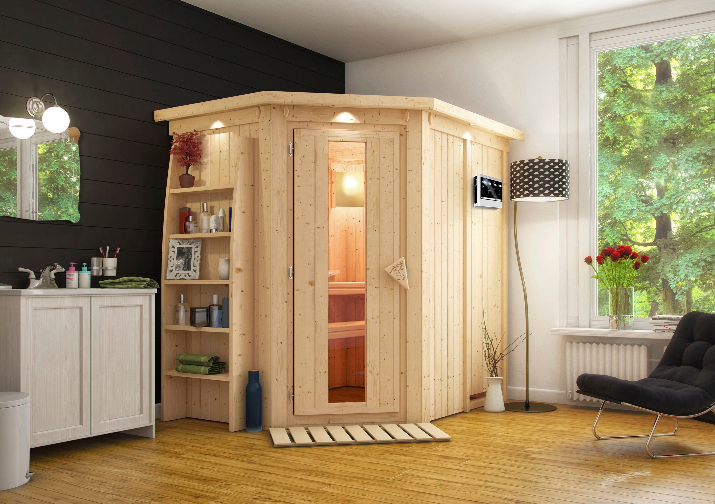 Karibu Sauna »Cellin«, 3,6-kW-Plug & Play BIO-Ofen mit ext. Steuerung