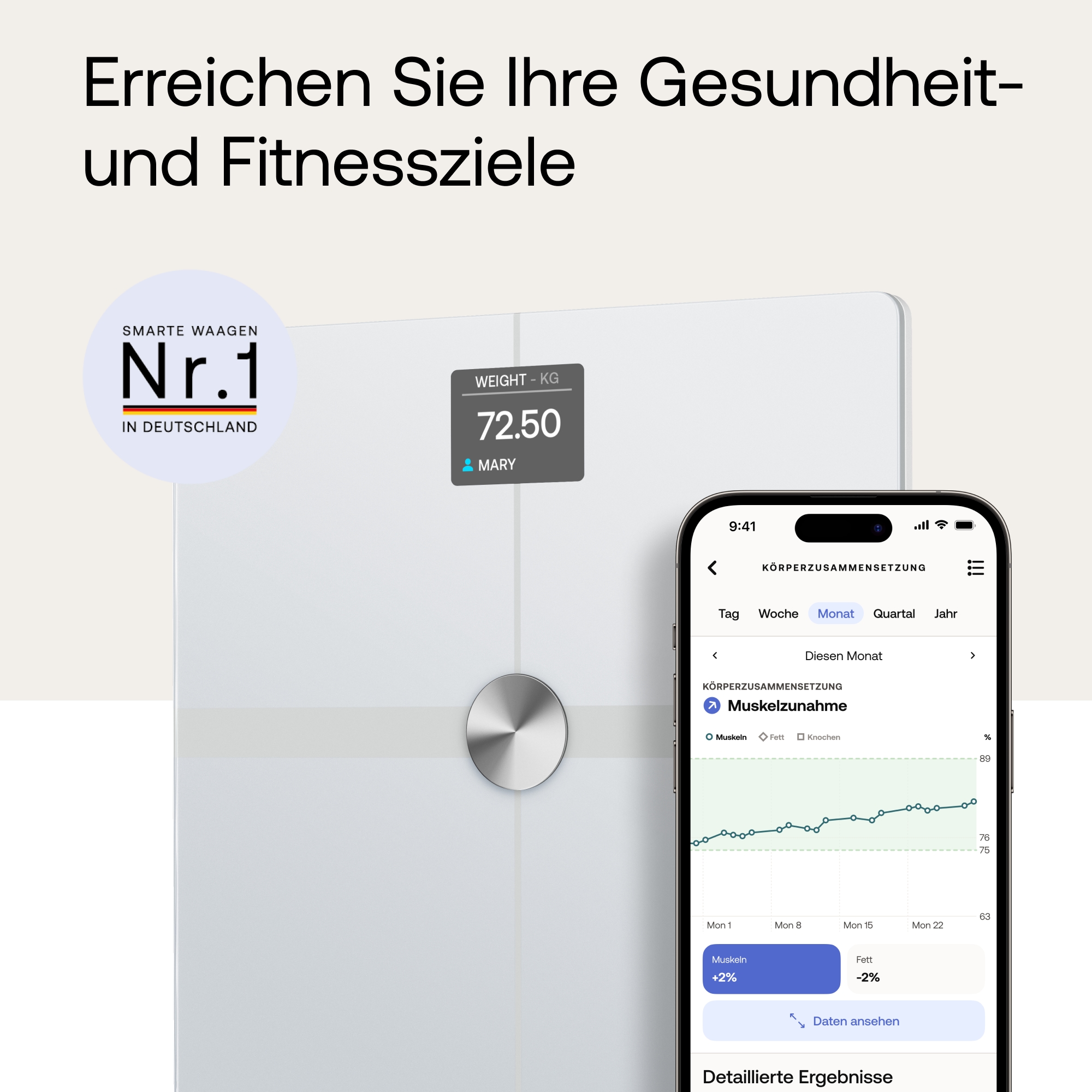 Withings Personenwaage »Body Smart, einschließlich Körperfett-/Muskelmasse« automatische Erkennung und Verfolgung von bis zu 8 Benutzern