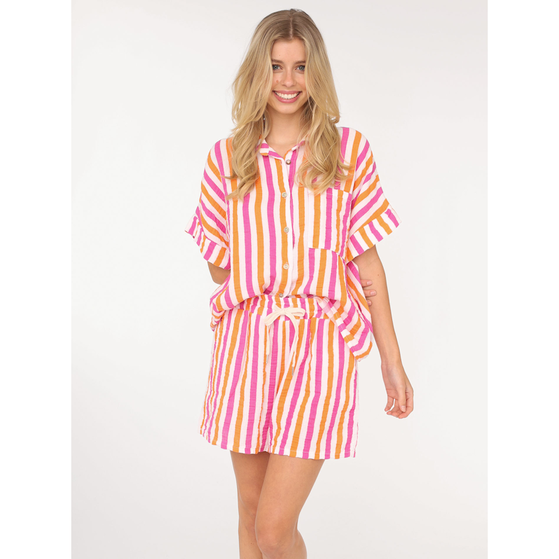 ZWILLINGSHERZ Hemdbluse »"Streifen"« Kurzarm, gestreift, Knopfleiste, Hose mit Gummizug Neonorange 0 Damen-Set Bluse & Shorts von Zwillingsherz