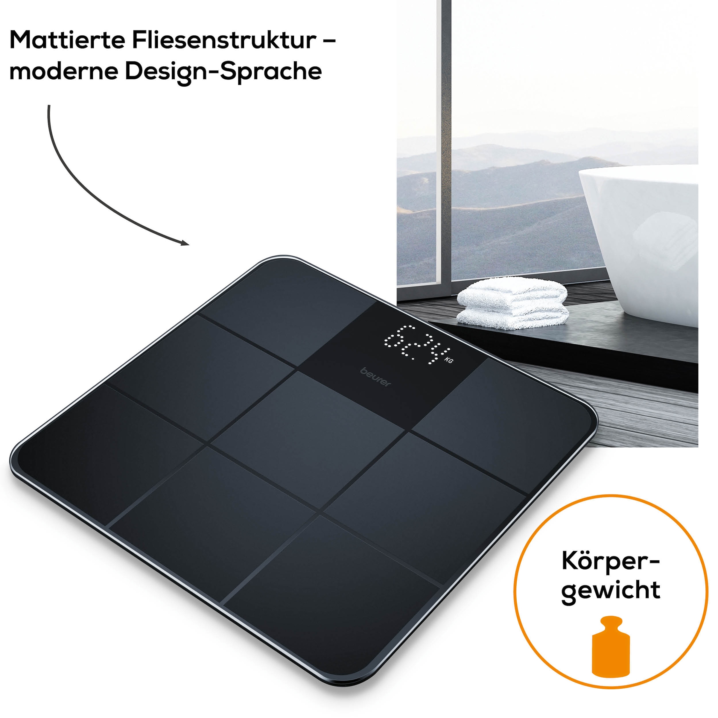 BEURER Personenwaage »GS 235 Glaswaage mit Magic-LED Display - erscheint nur bei Messung«, Elegante Oberfläche mit matter Fliesenstruktur, Tragkraft bis 180 kg