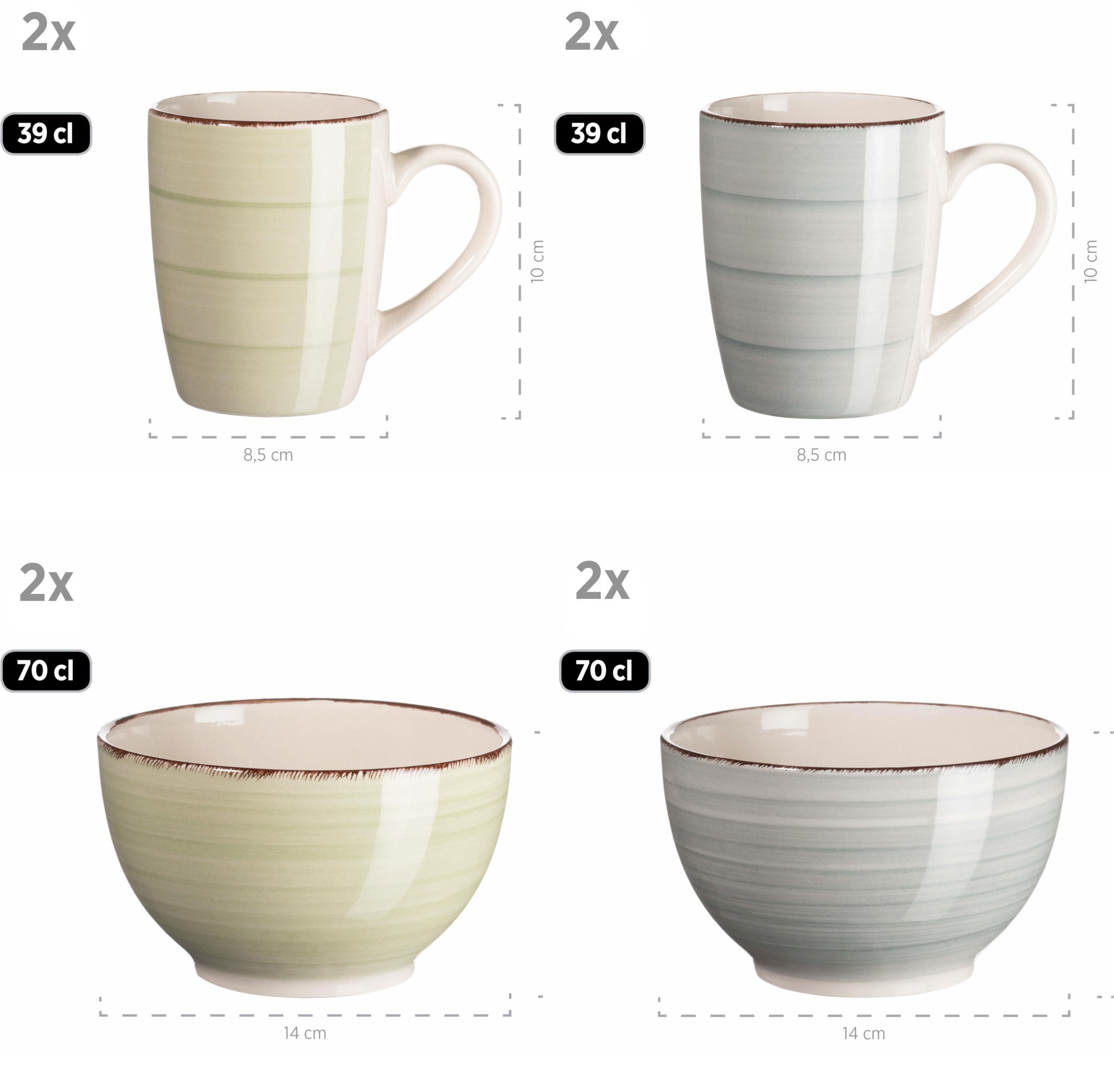 MÄSER Kombiservice »Lumaca«, (Set, 16 tlg., je 4 Speisteller, Desserteller, Kaffeebecher, Mehrzweckschalen), Holzoptik, handbemalter Pinselstrich, jedes Teil ein Unikat