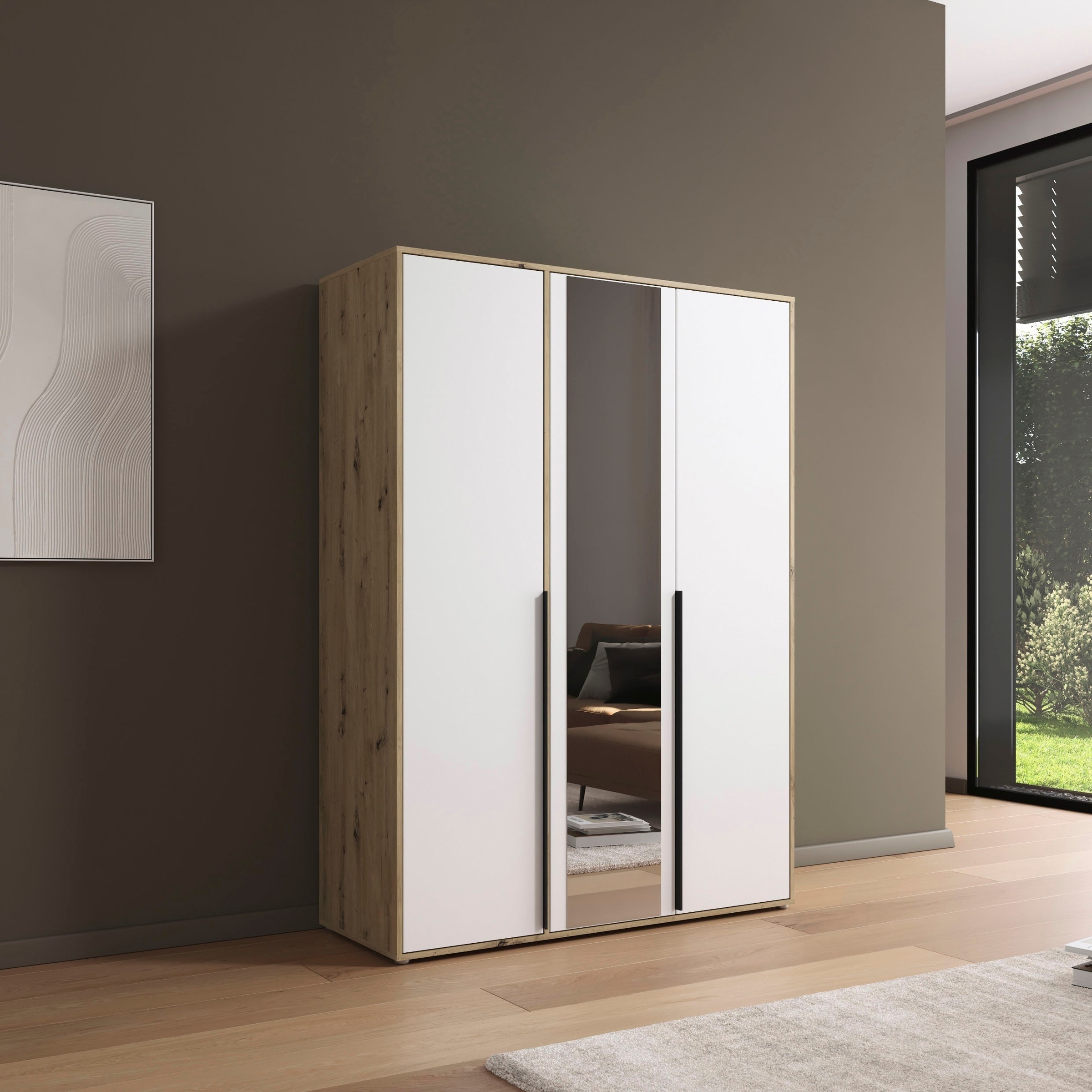 rauch Drehtürenschrank »Kleiderschrank Schrank Garderobe Wäscheschrank NAGATA mit Spiegel«, (in 3 verschiedenen Ausstattungen BASIC/CLASSIC/PREMIUM), und modernen Stangengriffen in Graumetallic TOPSELLER MADE IN GERMANY