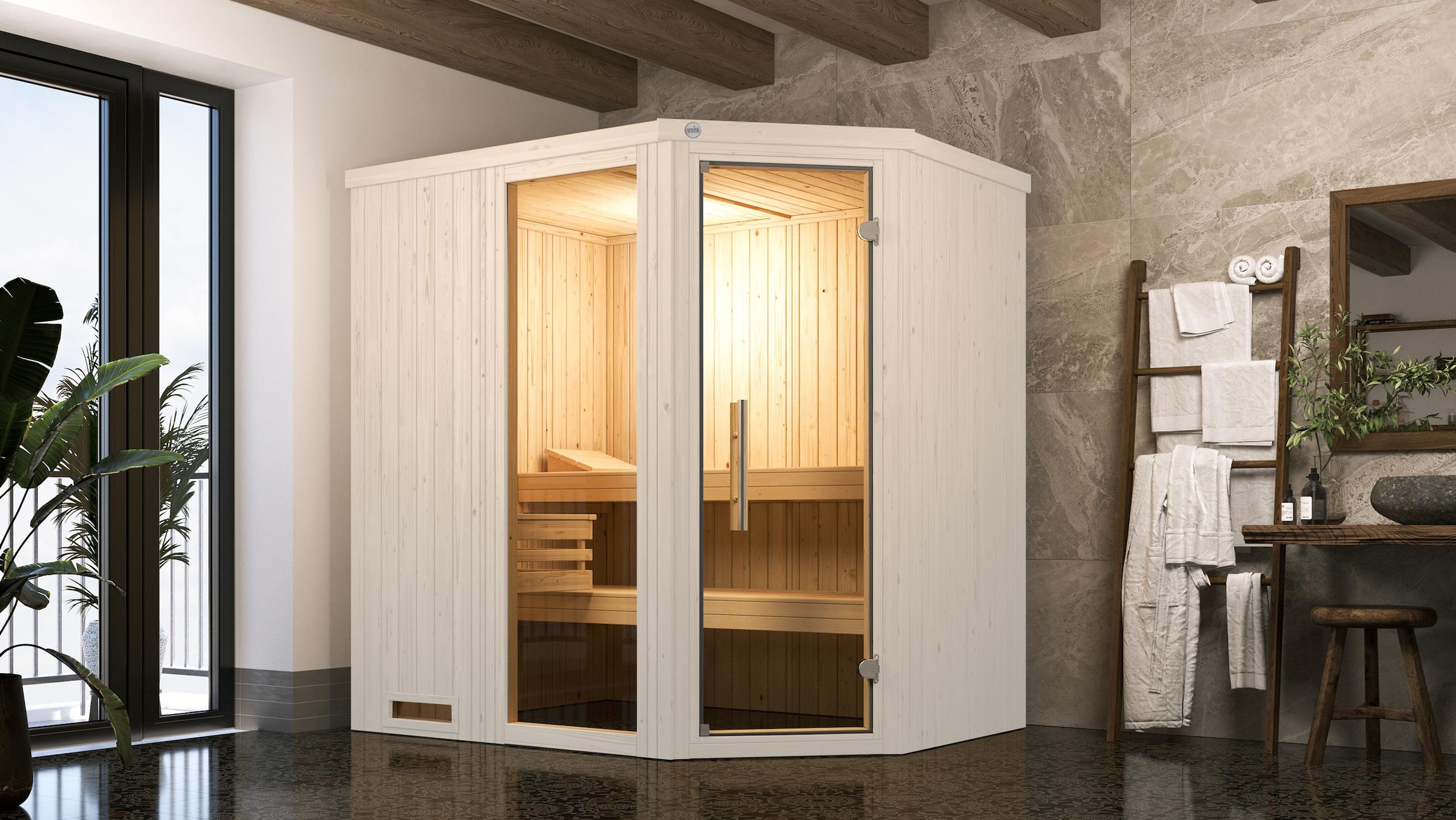 weka Sauna »Element-Ecksauna VARBERG 1« vorgefertigte Elemente, Fensterelement, moderne Ganzglastür