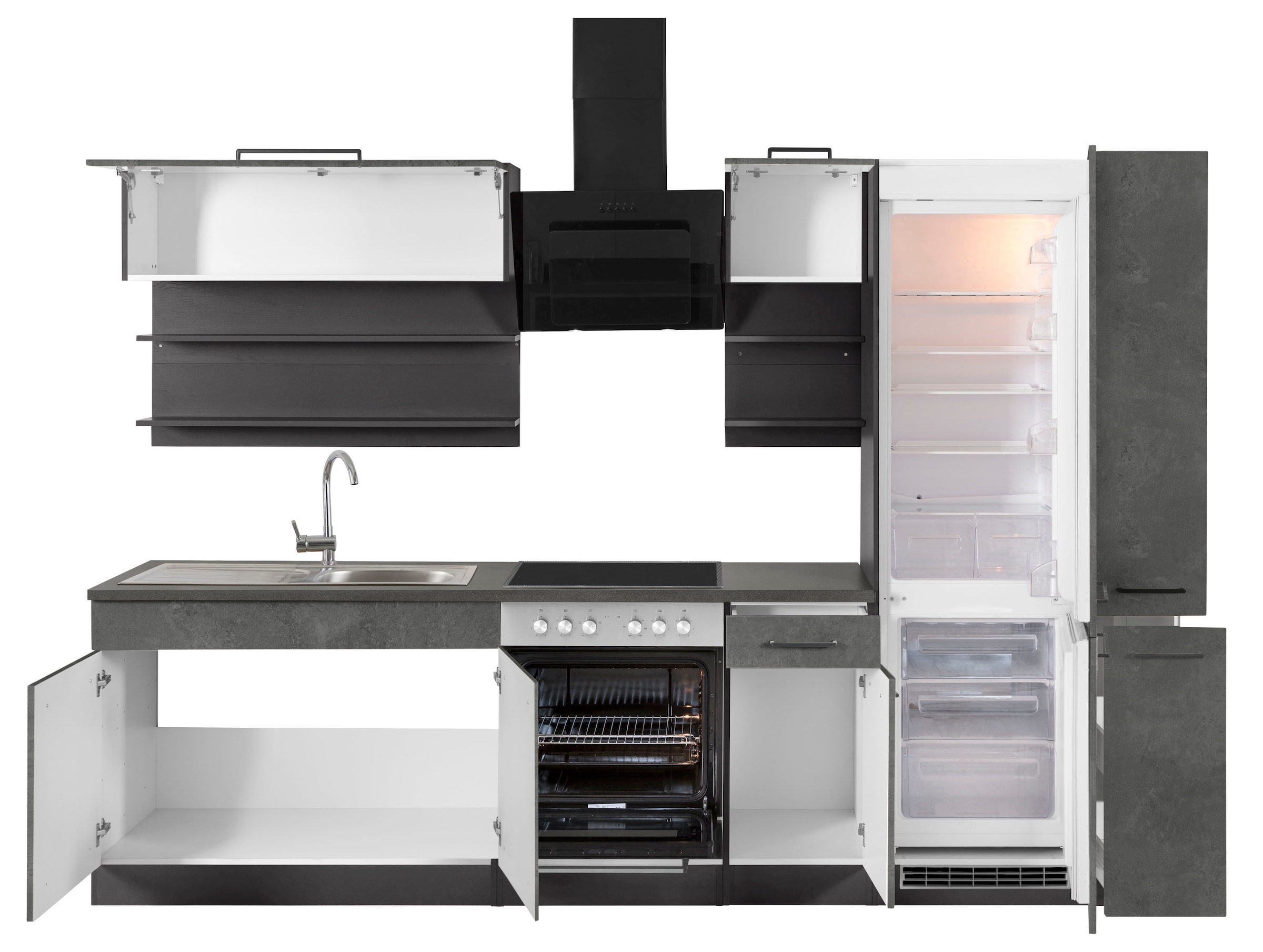 KOCHSTATION Küchenzeile »KS-Tulsa«, mit E-Geräten, Breite 300 cm, schwarze Metallgriffe, MDF Fronten
