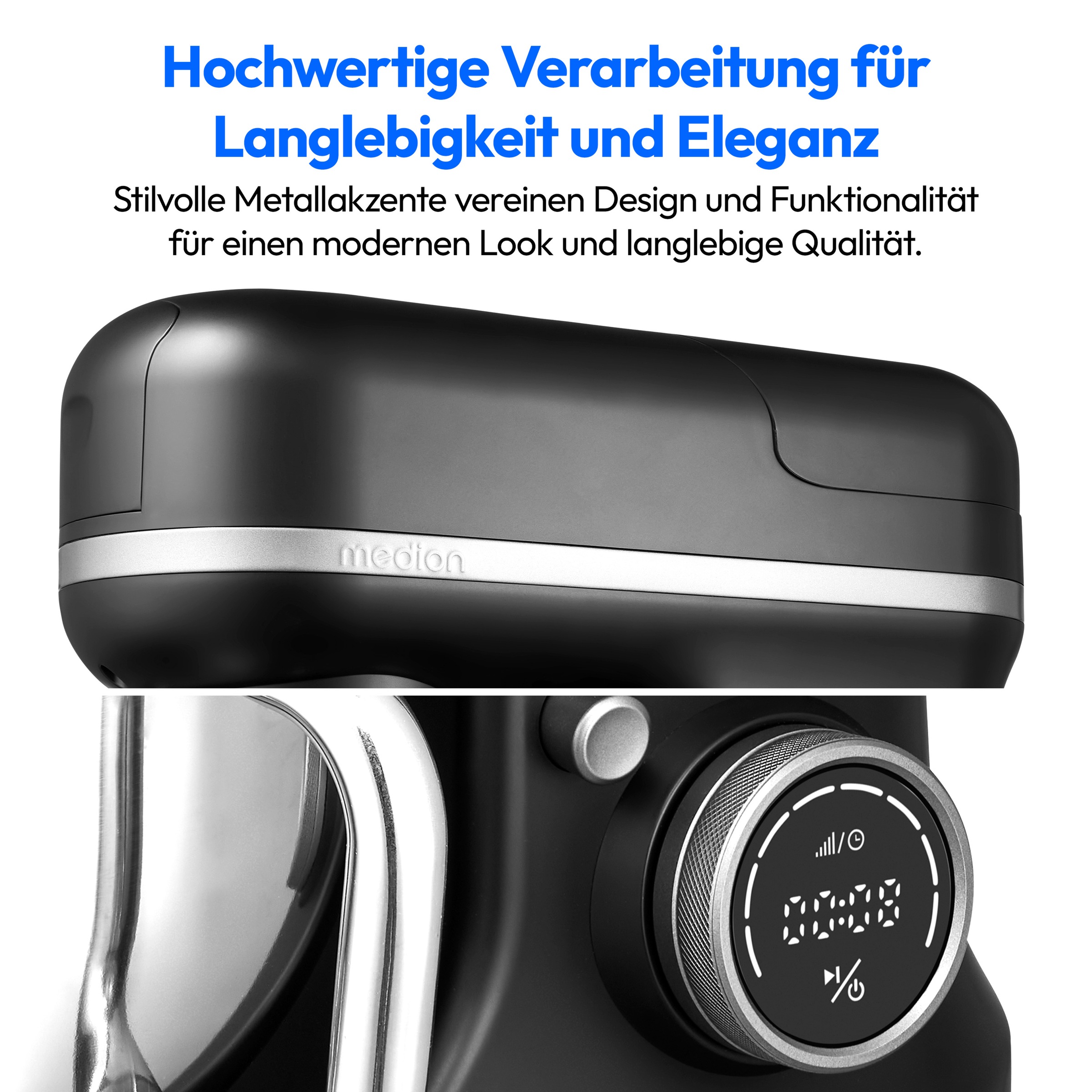 Medion® Küchenmaschine »MD 18430, 8 Geschwindigkeitsstufen, Impulsfunktion, 5L Rührschüssel«, Mit umfangreichem Zubehör-Set, Mixeraufsatz, Fleischwolf-Aufsatz