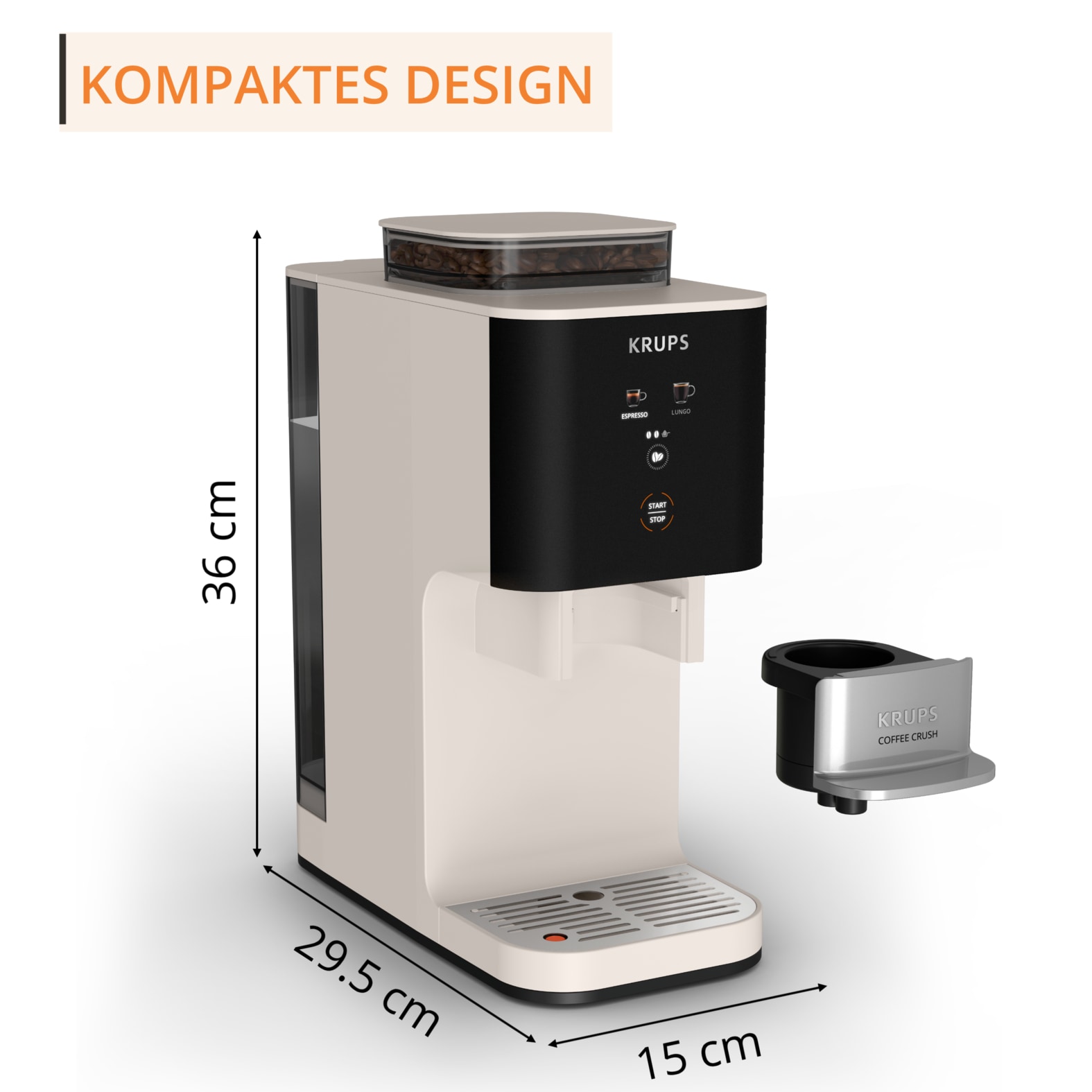 Krups Kaffeevollautomat »Coffee Crush SA4001 für Espresso & Lungo, platzsparend mit 15 cm Breite« frisch gemahlene Bohnen oder vor-gemahlen, einfache Reinigung,