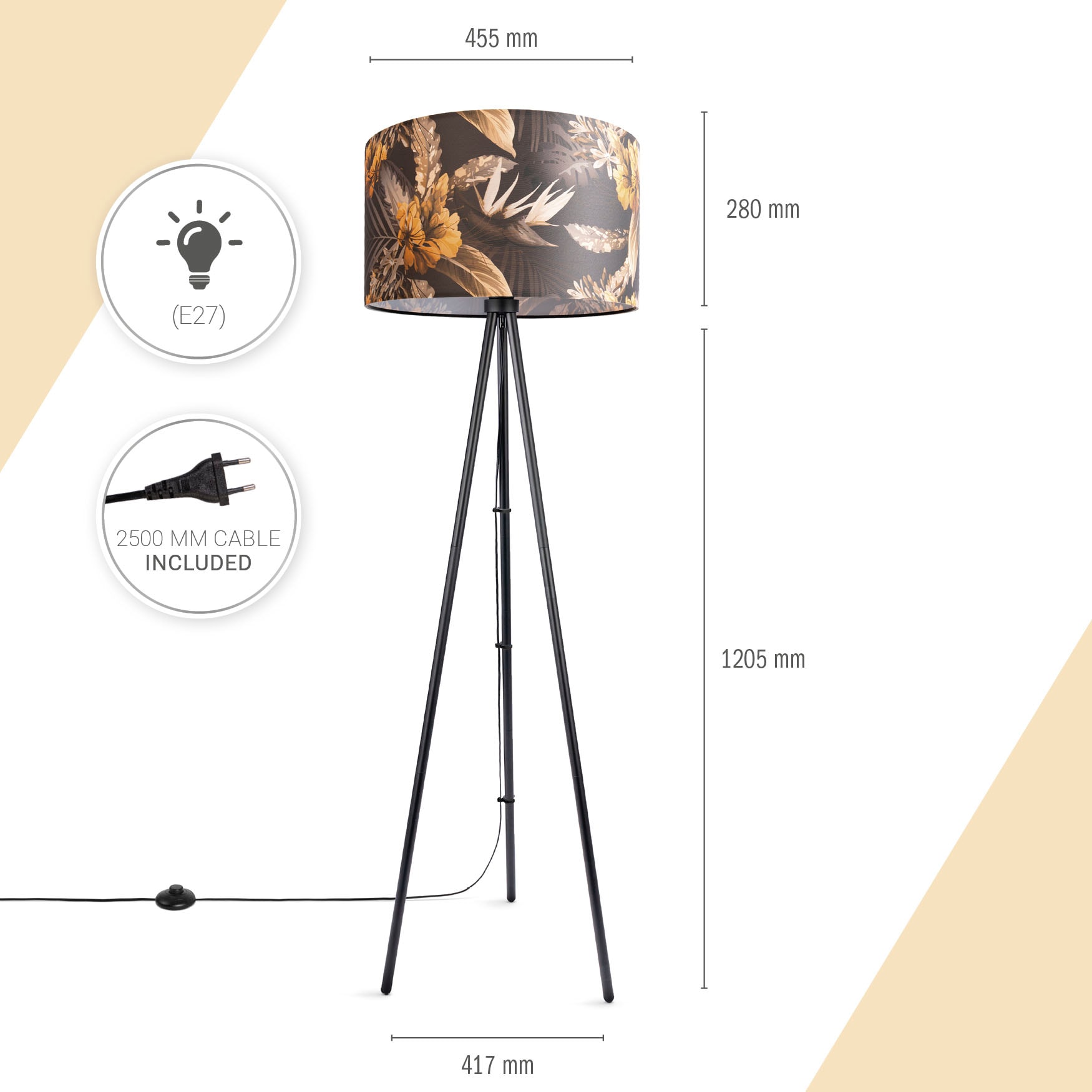 Paco Home Stehlampe »Trina Flower«, Leuchtmittel E27 | ohne Leuchtmittel, Standleuchte Dreibein Stativ Stoffschirm Rund Blumen Floral Modern