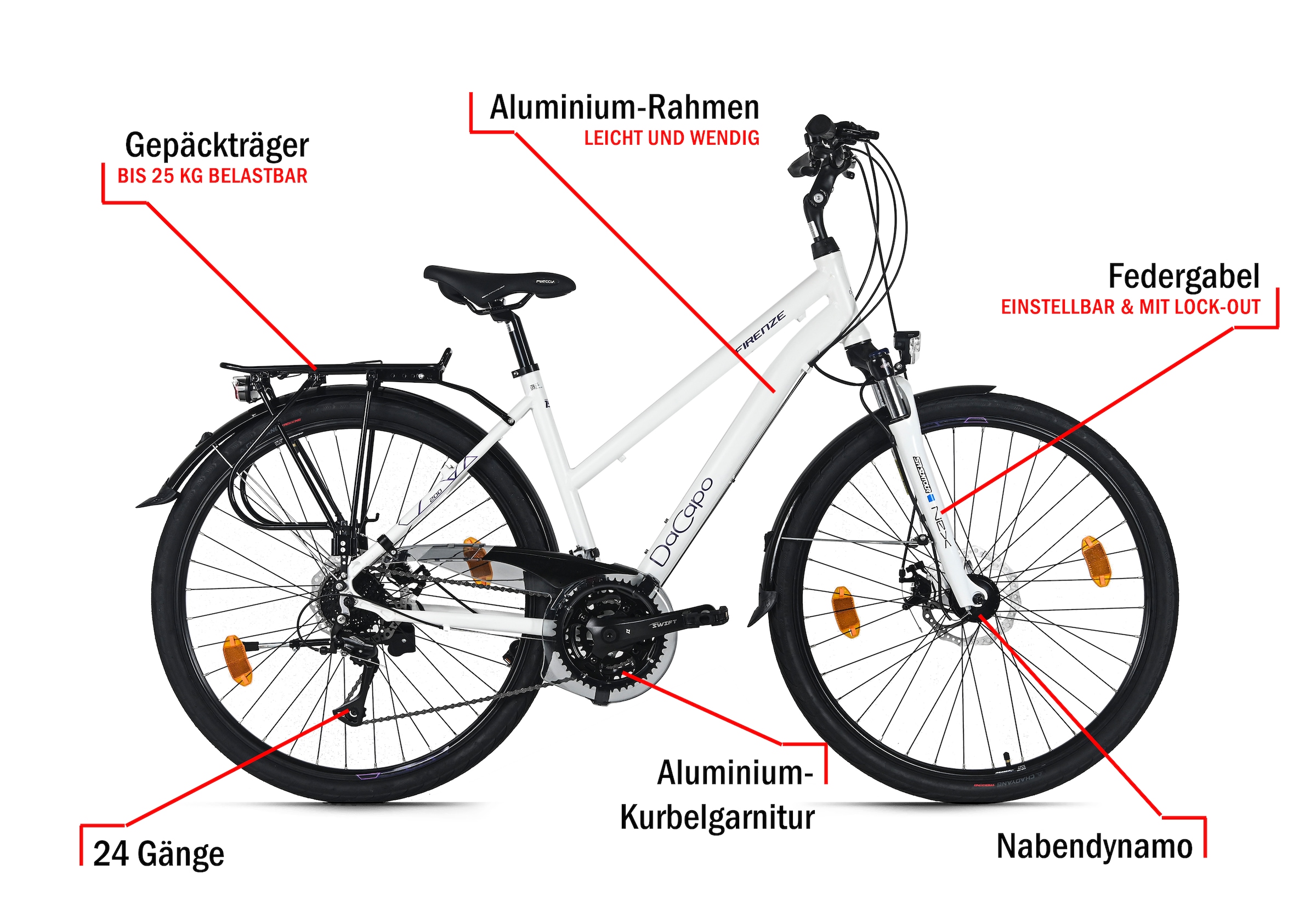 Dacapo Trekkingrad »Firenze 200 weiß 24 Gänge RH 48 cm mechanische Scheibenbremsen« 24 Gang Shimano Acera Schaltwerk Kettenschaltung