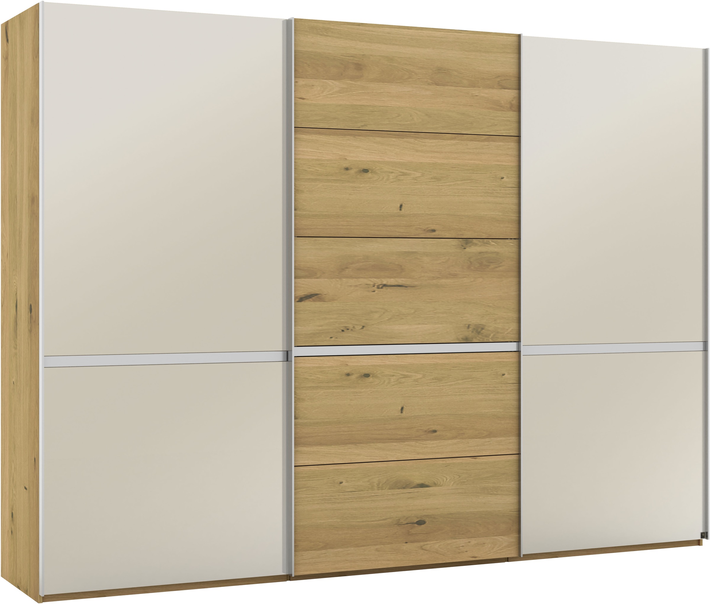 Musterring Schwebetürenschrank »Savona, Kleiderschrank, Schrank, Garderobe, mit Schiebetüren«, (Teilmassiv Bianco-Eiche, mit Spiegel oder Glas, MADE IN GERMANY), Türen Bianco-Eiche massiv, Spiegel-/Glastüren, eingelegte Chromleiste