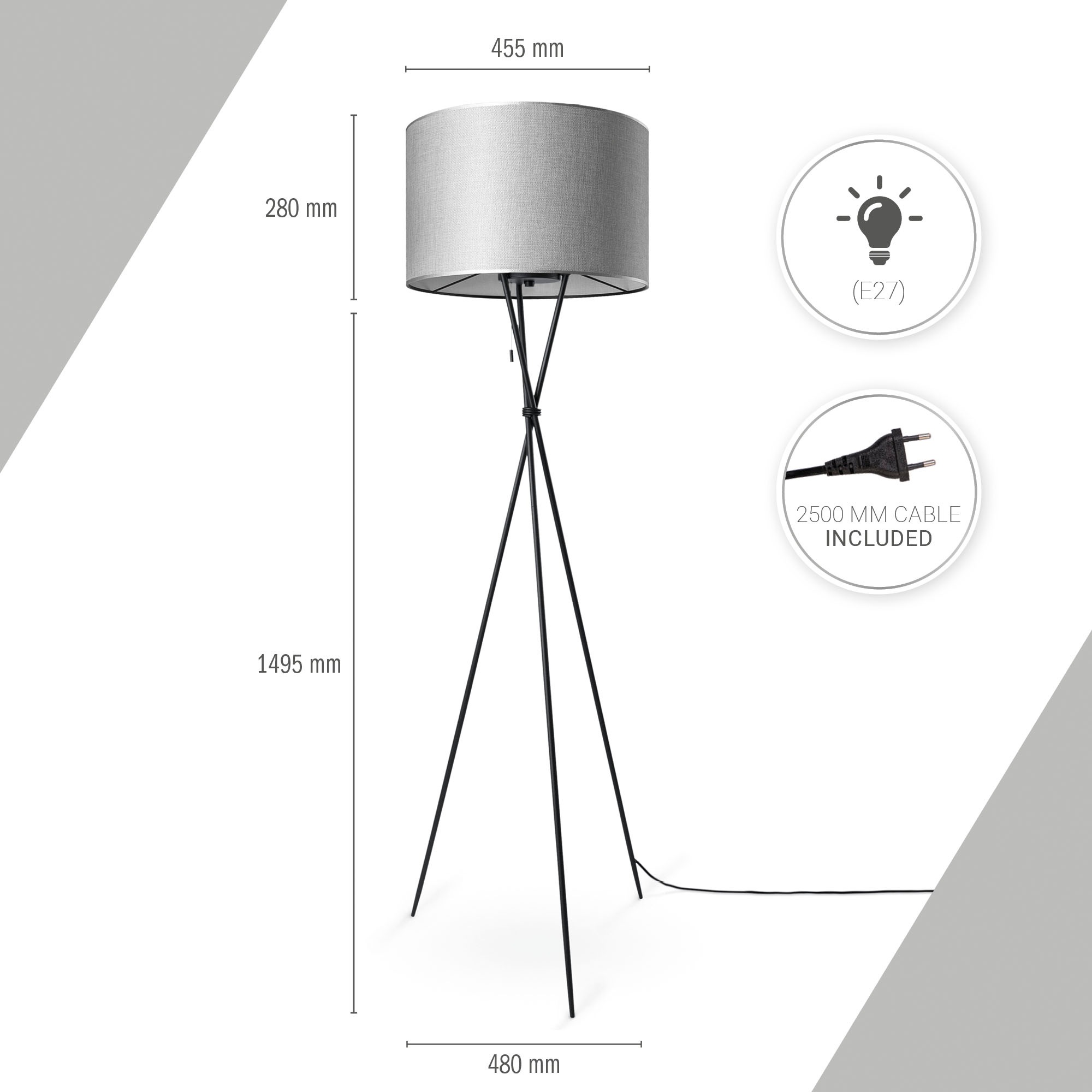 Paco Home Stehlampe »KATE CANVAS UNI COLOR«, Leuchtmittel E27 | ohne Leuchtmittel, Wohnzimmer Dreibein Stoffschirmlampe Standleuchte Textil Schirm E27