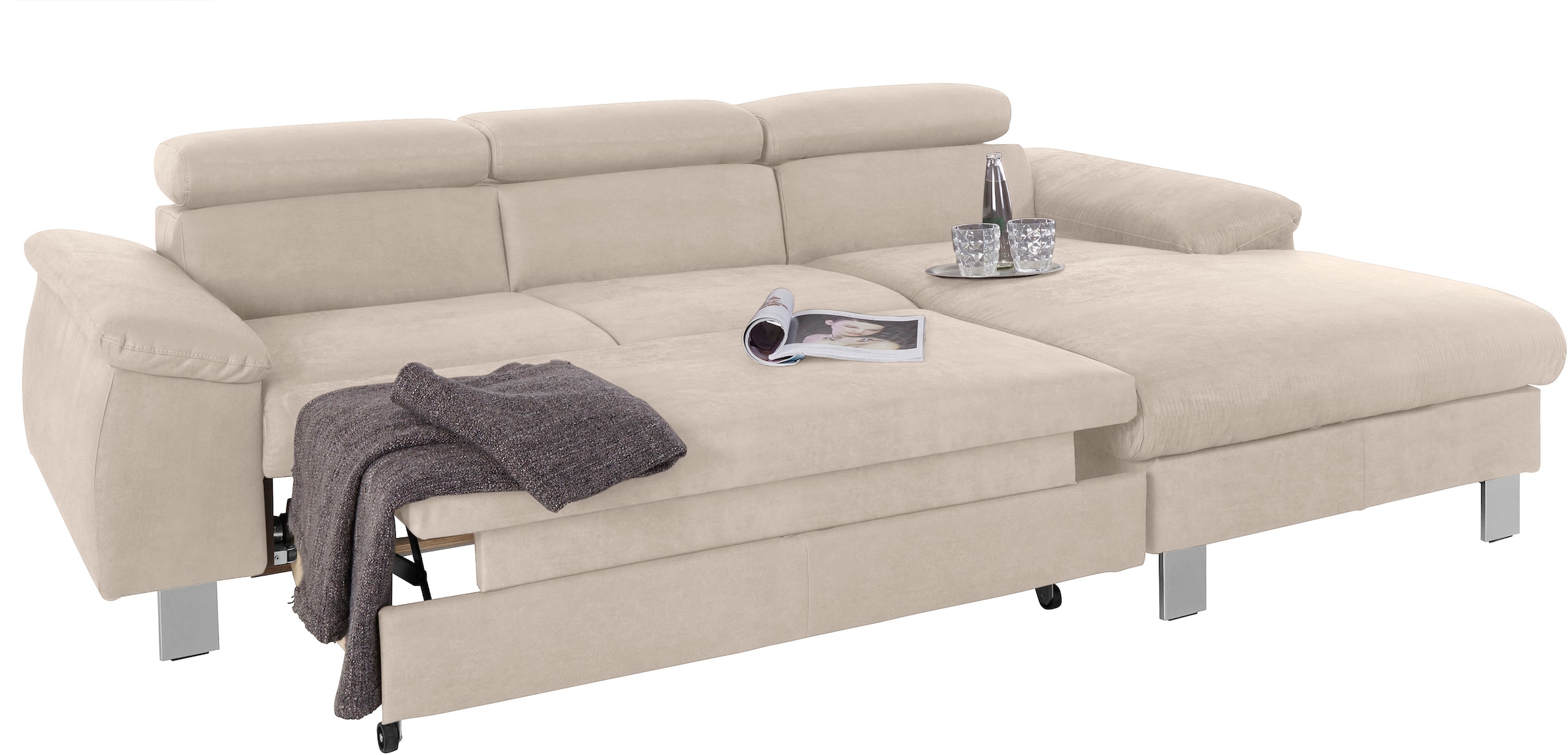 COTTA Ecksofa Komaris, Ecksofa, wahlweise mit RGB-LED-Beleuchtung und Bettfunktion/Bettkasten