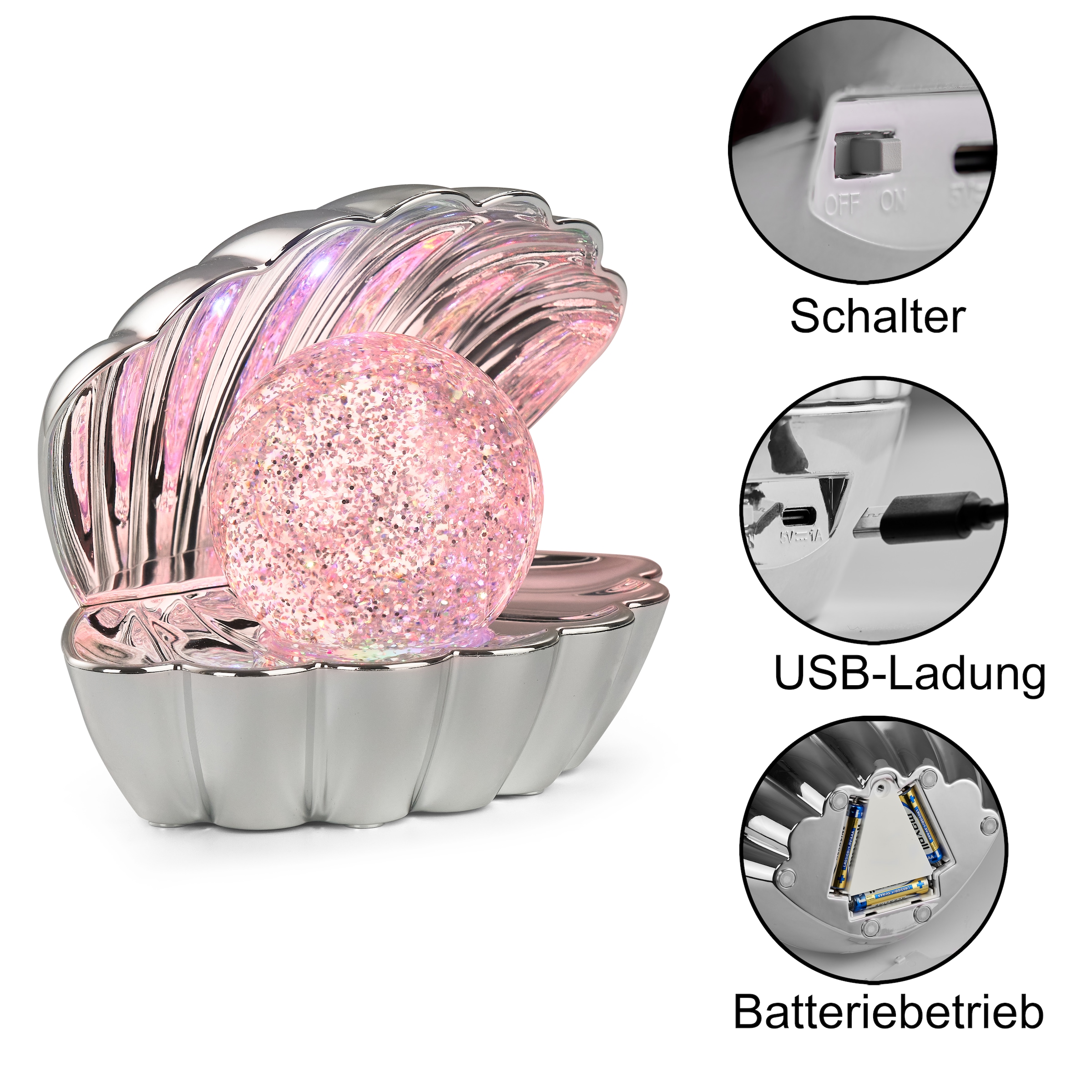REALITY Leuchten LED Tischleuchte »SHELLY, Deko Tischlampe in Muschelform mit RGB Farbwechsel, 0,8W 15Lm« LED-Board 1 Stk. RGB Muschel Tischlampe mit Glitzerkugel und Farbwechsel inkl USB-Ladekabel