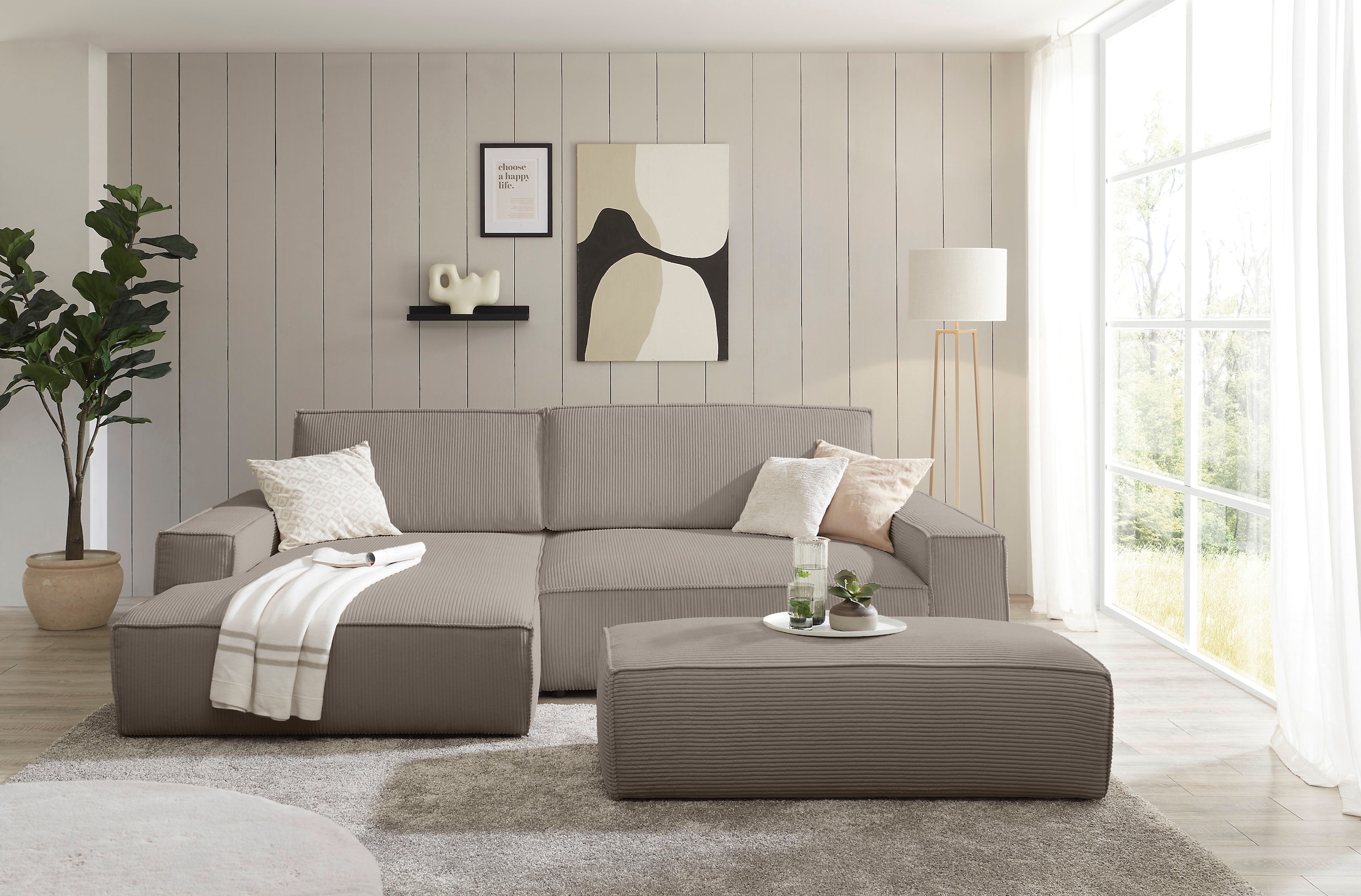 Home affaire Polsterecke »NEU: SHERWOOD XXL tief, L-Form mit Schlaffunktion, Big-Sofa mit Hocker«, (Set, 2 St.), stellbar zum Schlafsofa (Krokodilverbinder), Cord, Leinenoptik