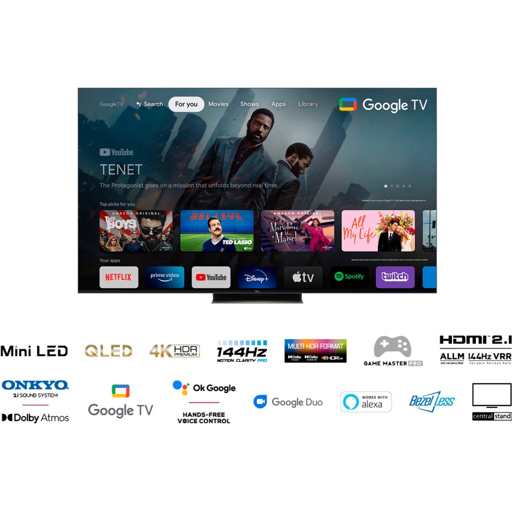 TCL QLED Mini LED-Fernseher »55C831X2«, 139 cm/55 Zoll, 4K Ultra HD, Google TV-Smart-TV, 1500nits, HDR Extreme, Dolby Atmos, HDMI 2.1, ONKYO-Sound