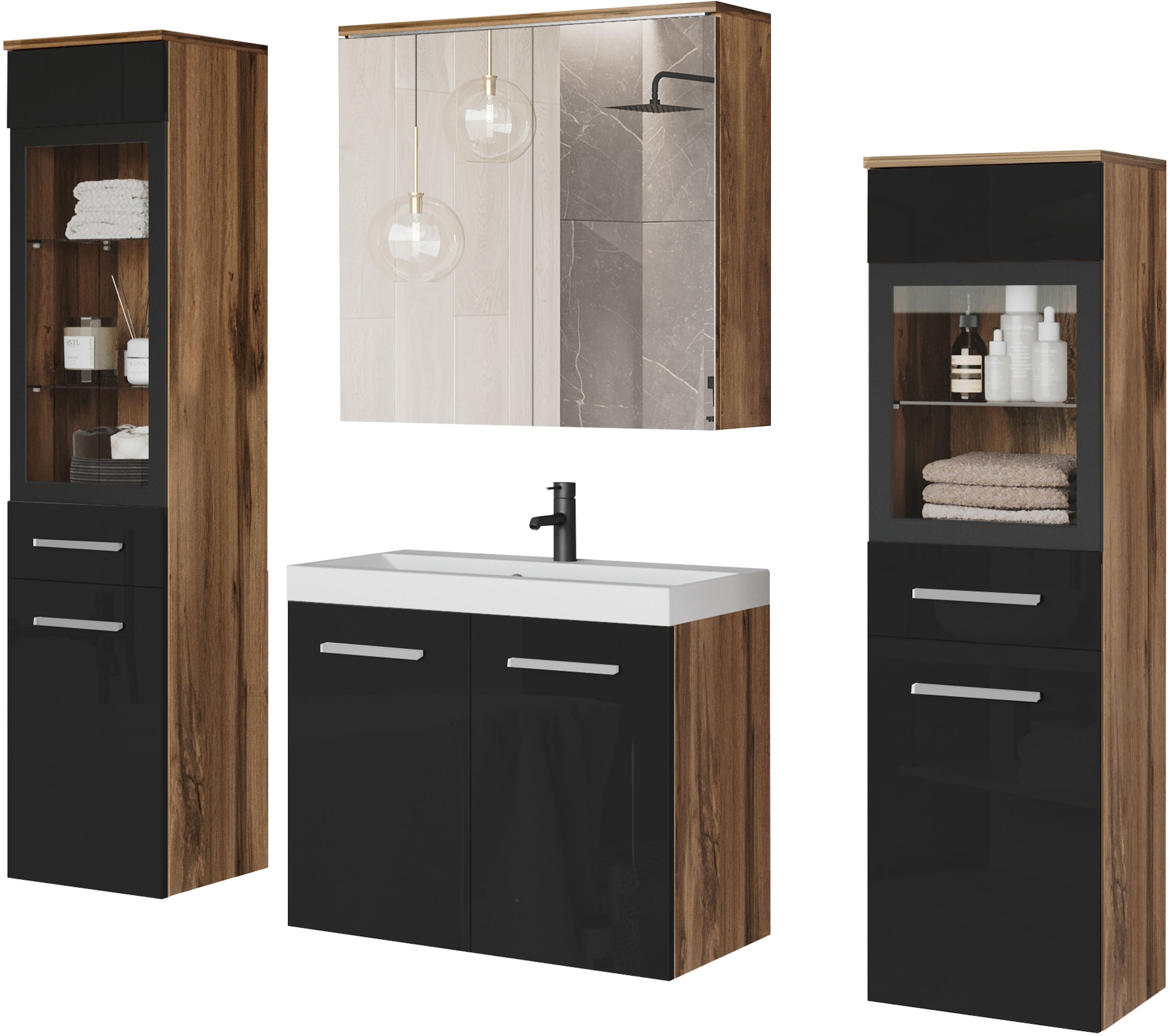 welltime Badmöbel-Set »MADRIT II, Schrank mit Waschbecken, 2 Hänger, Spiege günstig online kaufen