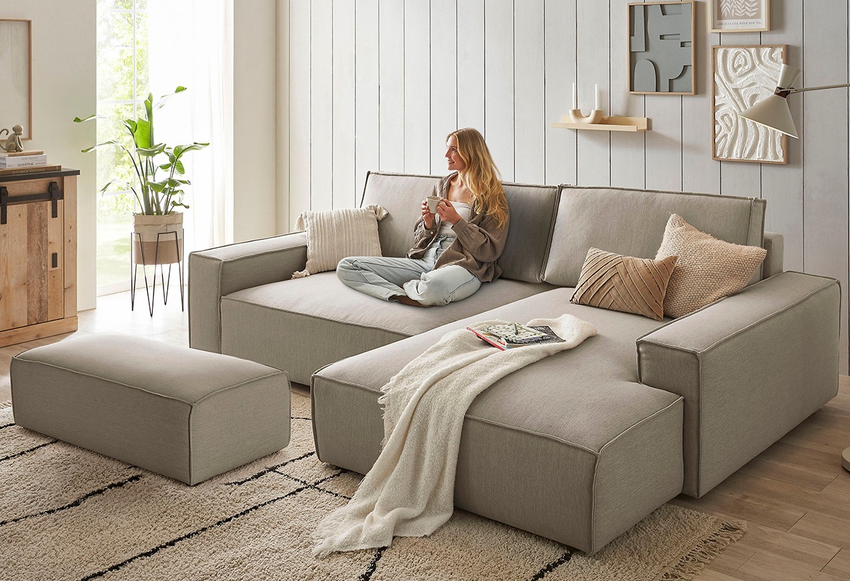 Home affaire Polsterecke »NEU: SHERWOOD XXL tief, L-Form mit Schlaffunktion, Big-Sofa mit Hocker« stellbar zum Schlafsofa (Krokodilverbinder), Cord, Leinenoptik,