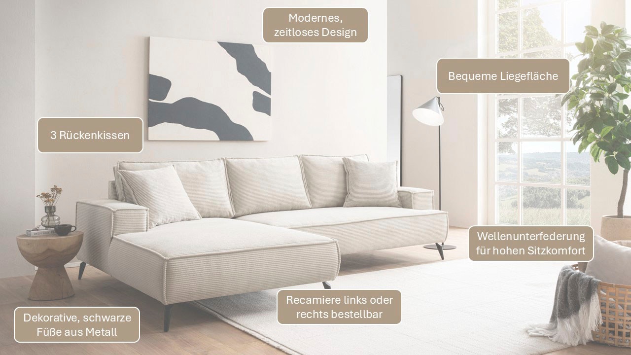 andas Sitzgruppe »TVINNU, Polsterecke L-Form, Schlaffunktion, mit Hocker«, (Set, 2 tlg.), stellbar zum Schlafsofa (Krokodilverbinder)