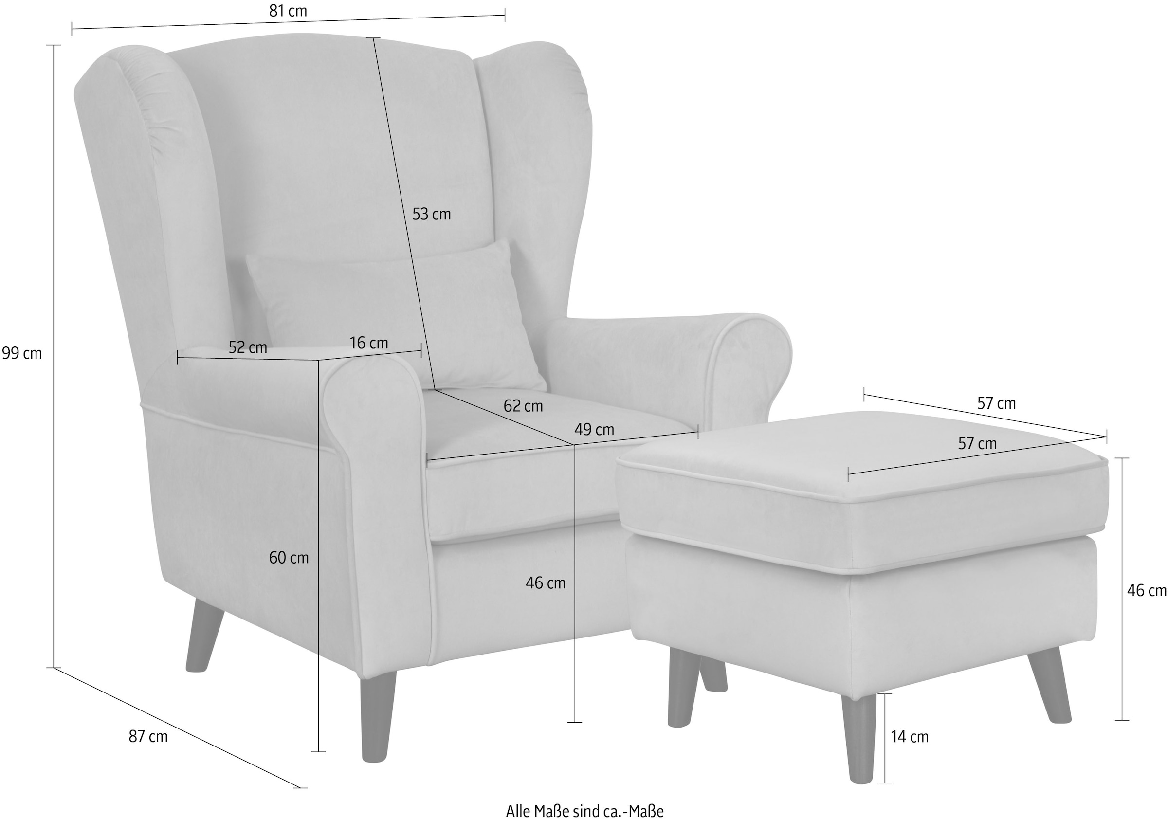 Home affaire Sessel »Ohrensessel CHISTELLE, wahlweise mit Polsterhocker«, mit Wellenunterfederung, Maße: B/T/H: 81/87/99 cm