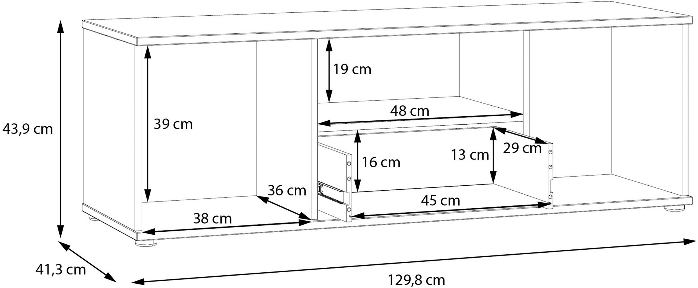 FORTE Lowboard »Ganymede«, (Breite 129,8cm), TV Board, Stauraum, Schublade; Metallgriffe, Kabelführung