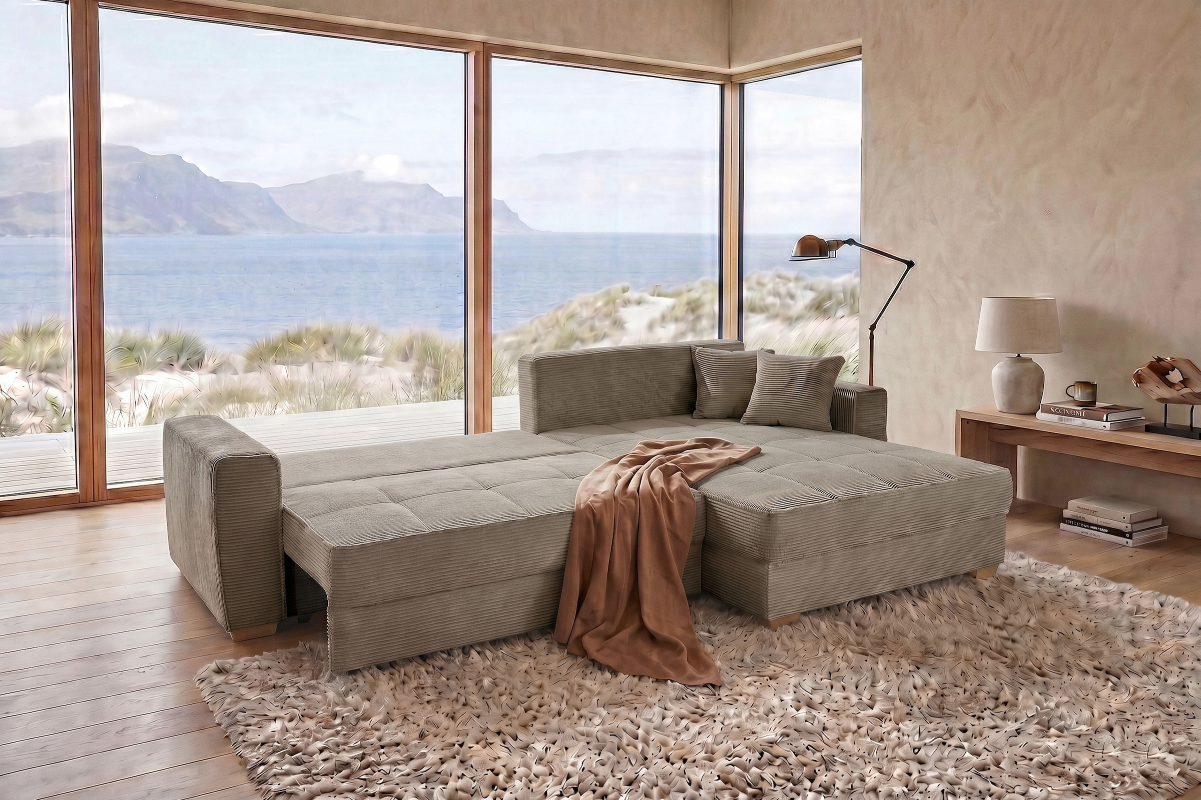 Jockenhöfer Gruppe Ecksofa »Bologna, L-Form, Breite: 298 cm, Cord-Bezug, beidseitig montierbar« mit Schlaffunktion, Bettkasten & Zierkissen, XXL-Ottomane