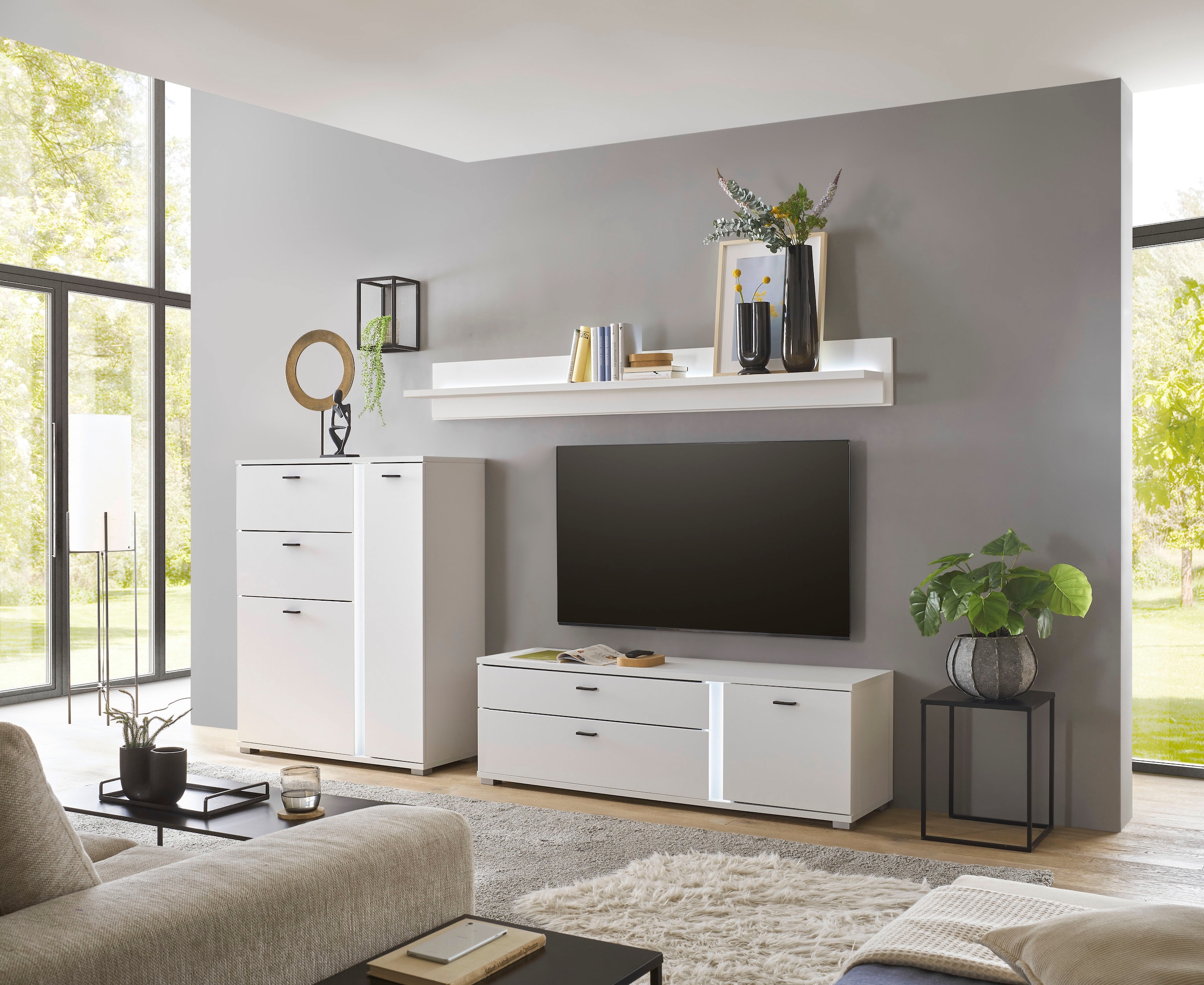 INOSIGN Wohnwand »LONG ISLAND«, (Set, 3 St.), in moderner Trendfarbe,inklusive senkrechter Beleuchtung,Breite 260 cm