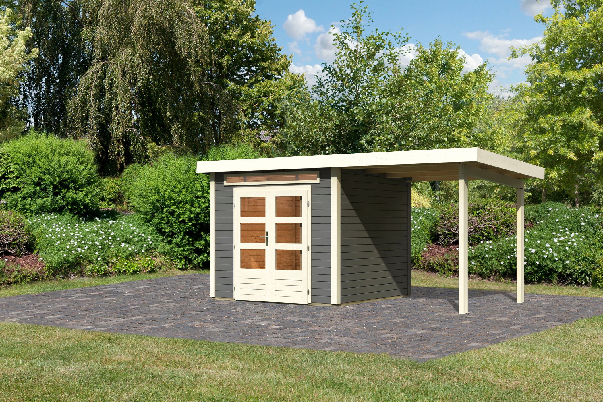 Karibu Gartenhaus »"Ammersee 3" SET mit Anbaudach 2,35m Breite«, naturbelassen oder terragrau