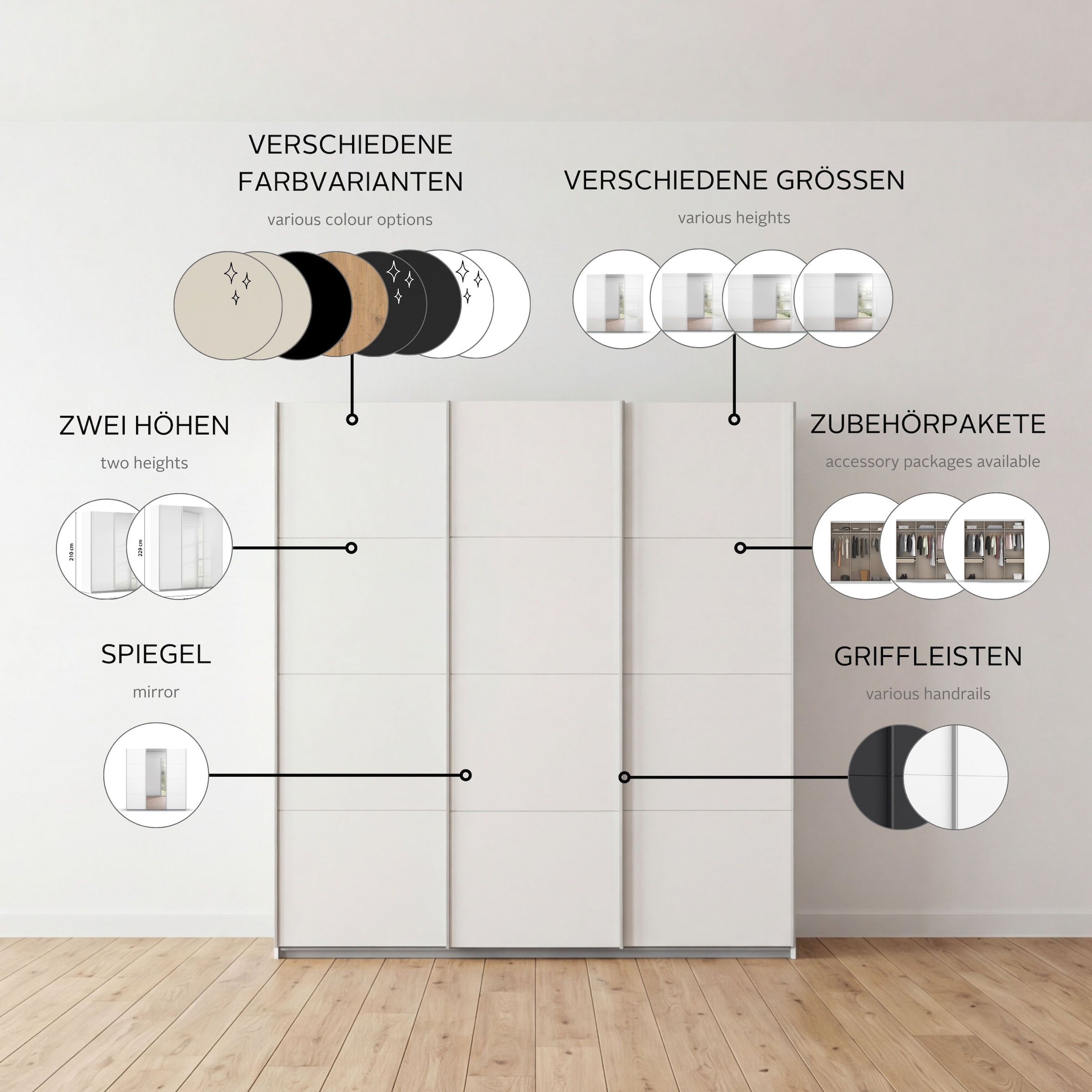 rauch Schwebetürenschrank »Kleiderschrank Schrank Garderobe KOLUNA Hochglanz-Front und Spiegel« 3 Ausstattungen BASIC/CLASSIC/PREMIUM (inkl. SOFT-CLOSE-FUNKTION),  Breiten 203/271/315/360 cm Höhen 210/229 cm MADE IN GERMANY