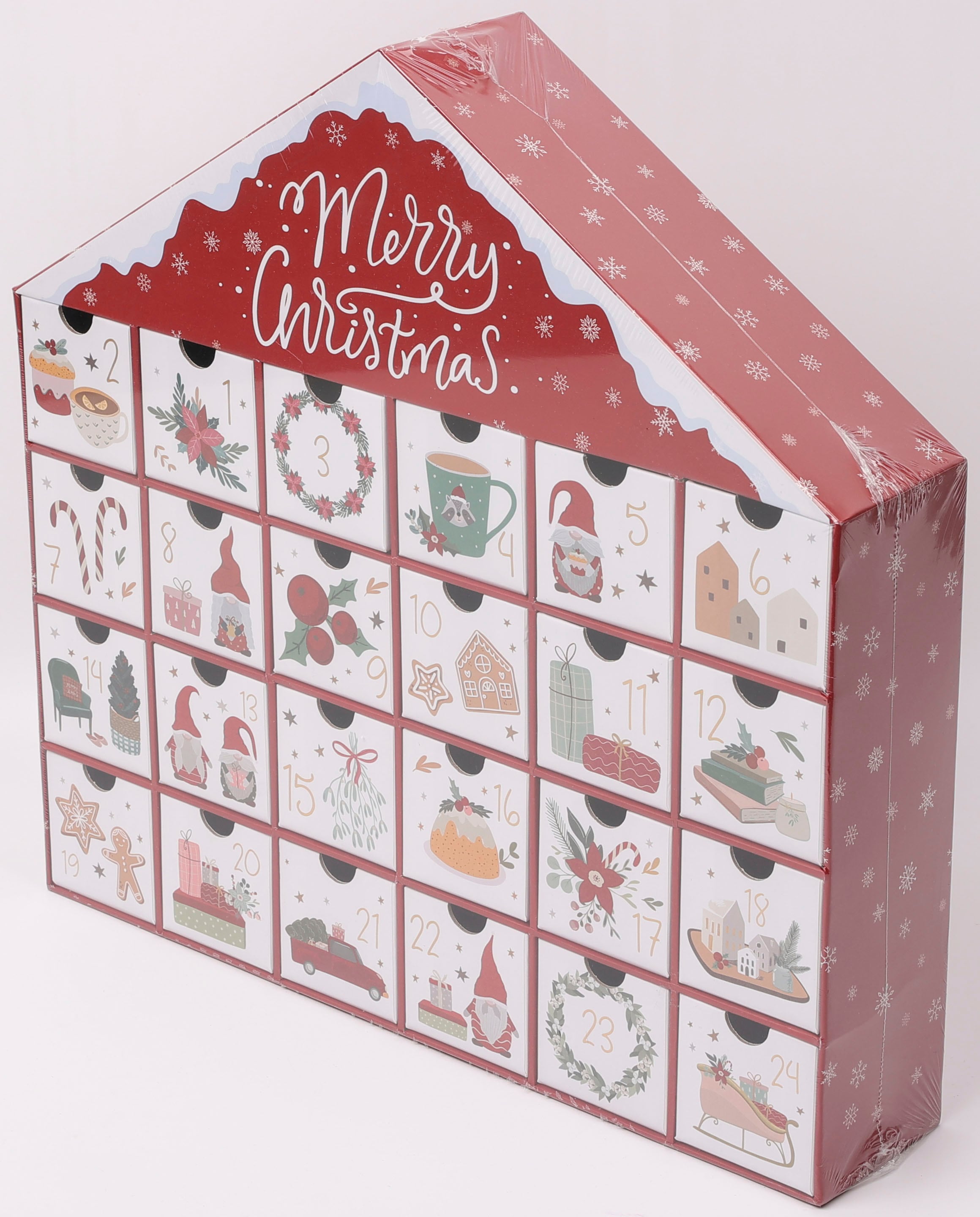 OTTO home Adventskalender »Haus mit weihnachtlichen Motiven auf den Schubladen« Es liegt keine Altersempfehlung vor unbefüllt, ca.40x40cm, wiederverwendbar