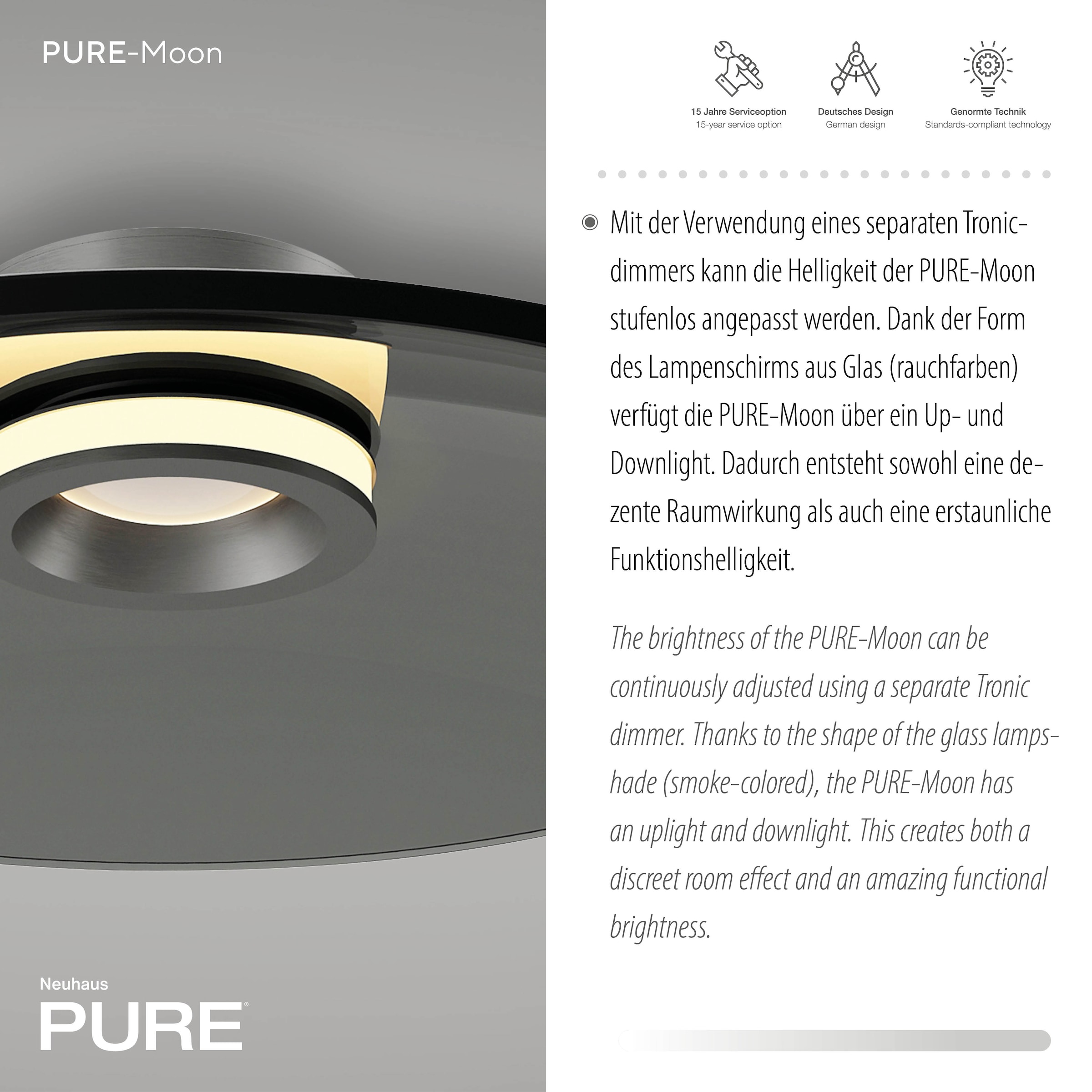 Neuhaus PURE LED Deckenleuchte »PURE Moon« LED-Board 1 Stk. Warmweiß Dimmfähig über separaten Tronicdimmer, Glas Rauchfarben