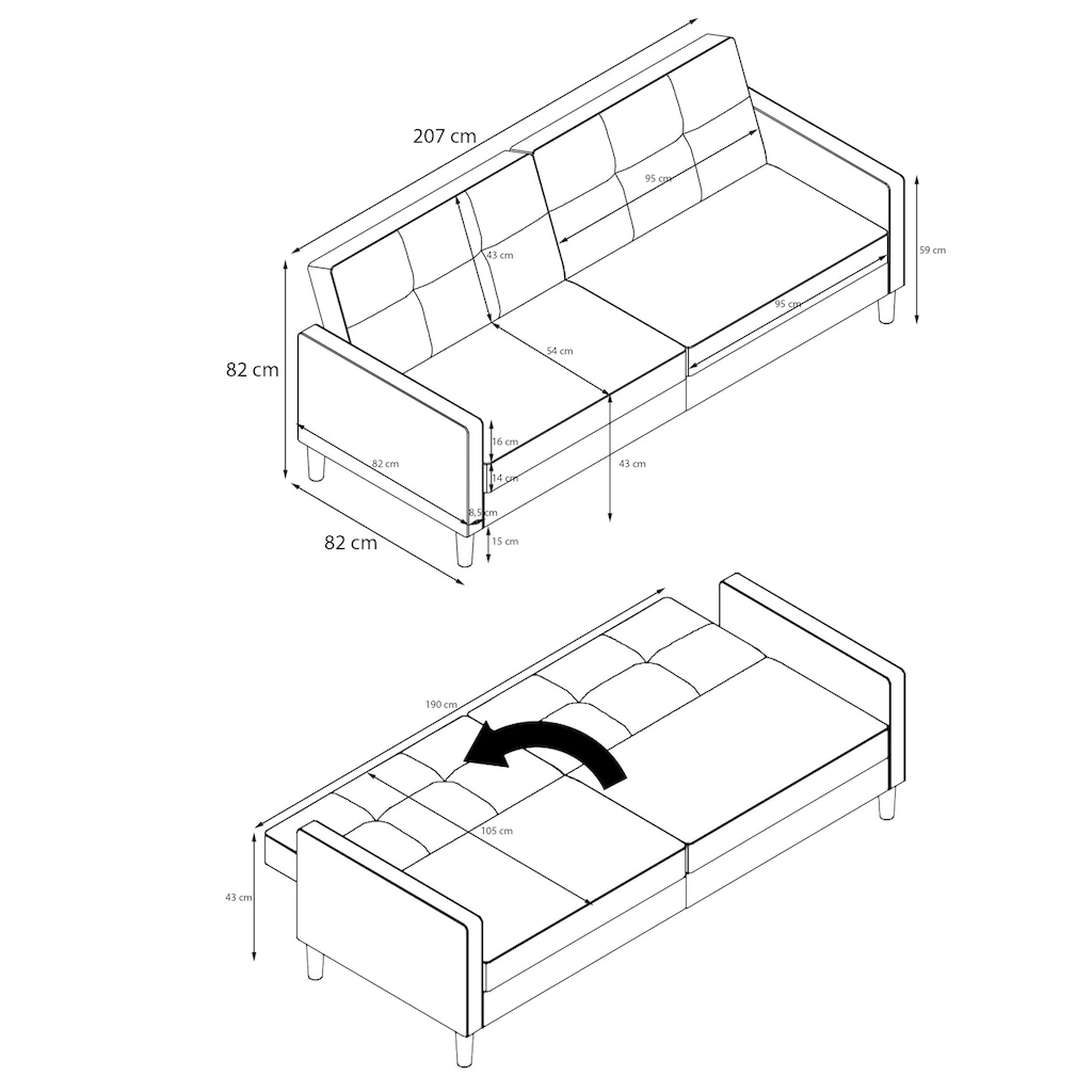 Dorel Home 3-Sitzer »Lilly«, Bett-Funktion, Rückenlehne 3-fach verstellbar, Sitzhöhe 43 cm