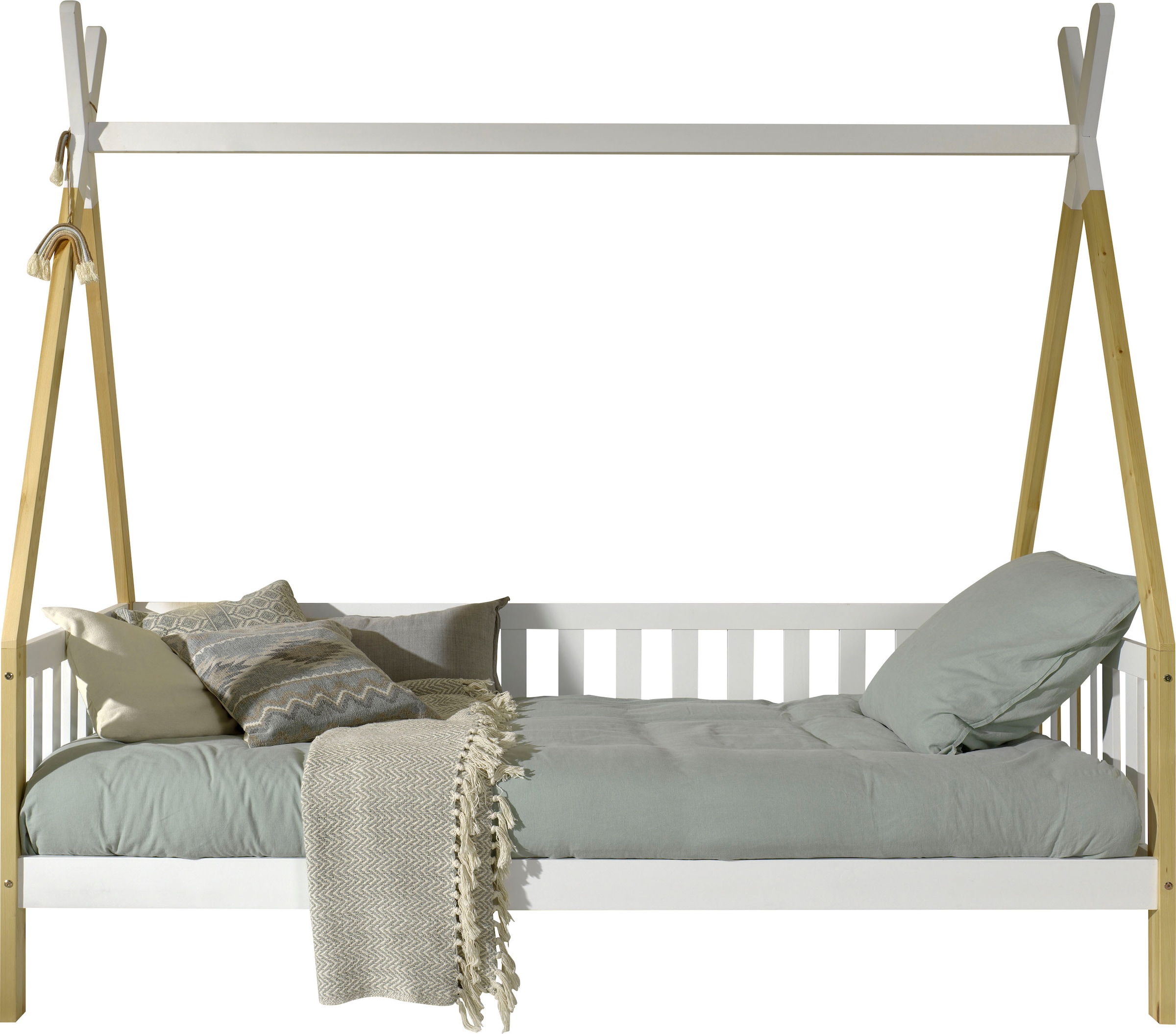 Vipack Kinderbett »Tipi, mit Querstange in Zelt-Optik, Kiefer massiv«, (B/H/T ca. 206x185,1x96cm, seitliche Sprossenumrandung), inklusive Rolllattenrost und wahlweise mit Bettschublade