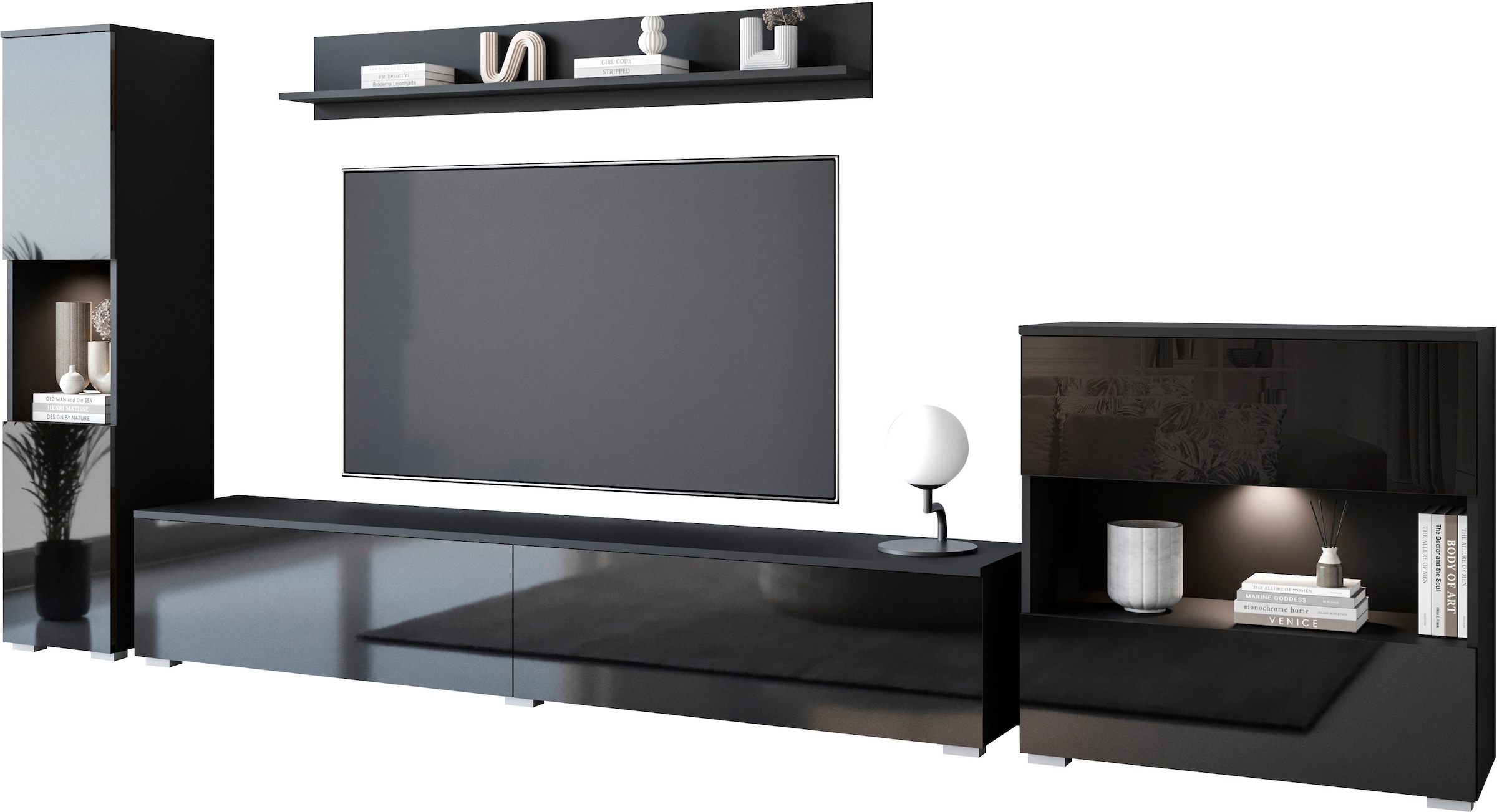 INOSIGN Wohnwand »PARIS«, (Komplett-Set, 4 St.), TV-Wand 300cm breite, grifflose Design, stehend und hängend montierbar