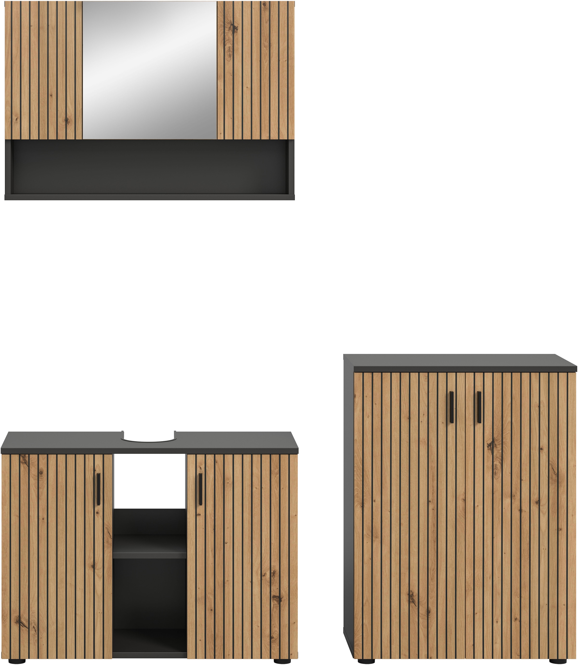 welltime Badmöbel-Set »MANI, 3-tlg. Badkombination, Paneeloptik« Set, Set, best, aus: 1Badschrank,1Spiegelschrank,1Waschbeckenunterschrank, 3 Stk. tlg.