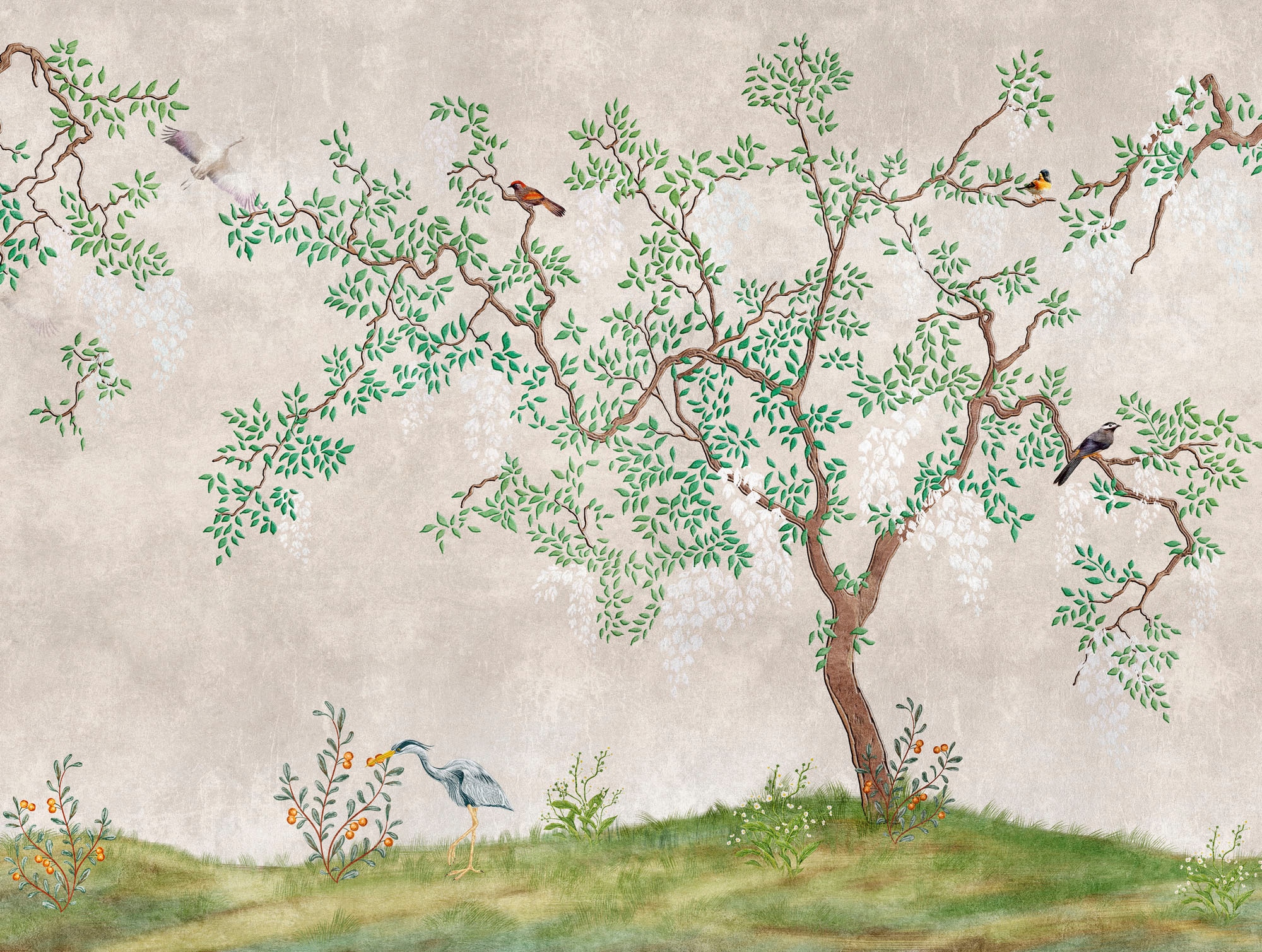 living walls Fototapete »The Wall«, asiatisch-animal print-Wald, Fototapete Landhaus Tapete Vögel Tapeten Wohnzimmer Design Wandtapete