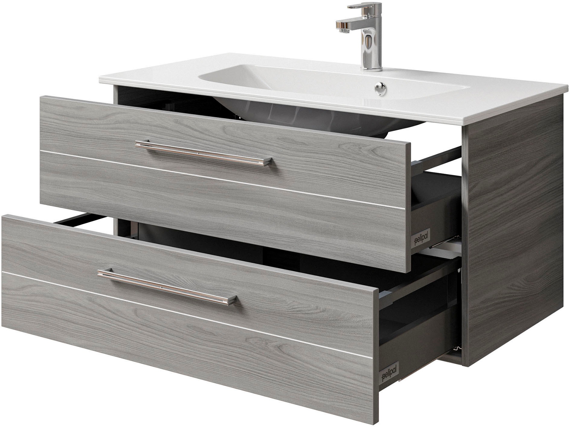 Saphir Badmöbel-Set »Serie 6025 2-teilig Mineralmarmor-Waschtisch mit LED-Spiegelschrank«, (2 St.), Waschplatz 97 cm breit, 2 Schubladen, 3 Spiegel-Türen, inkl Türdämpfer