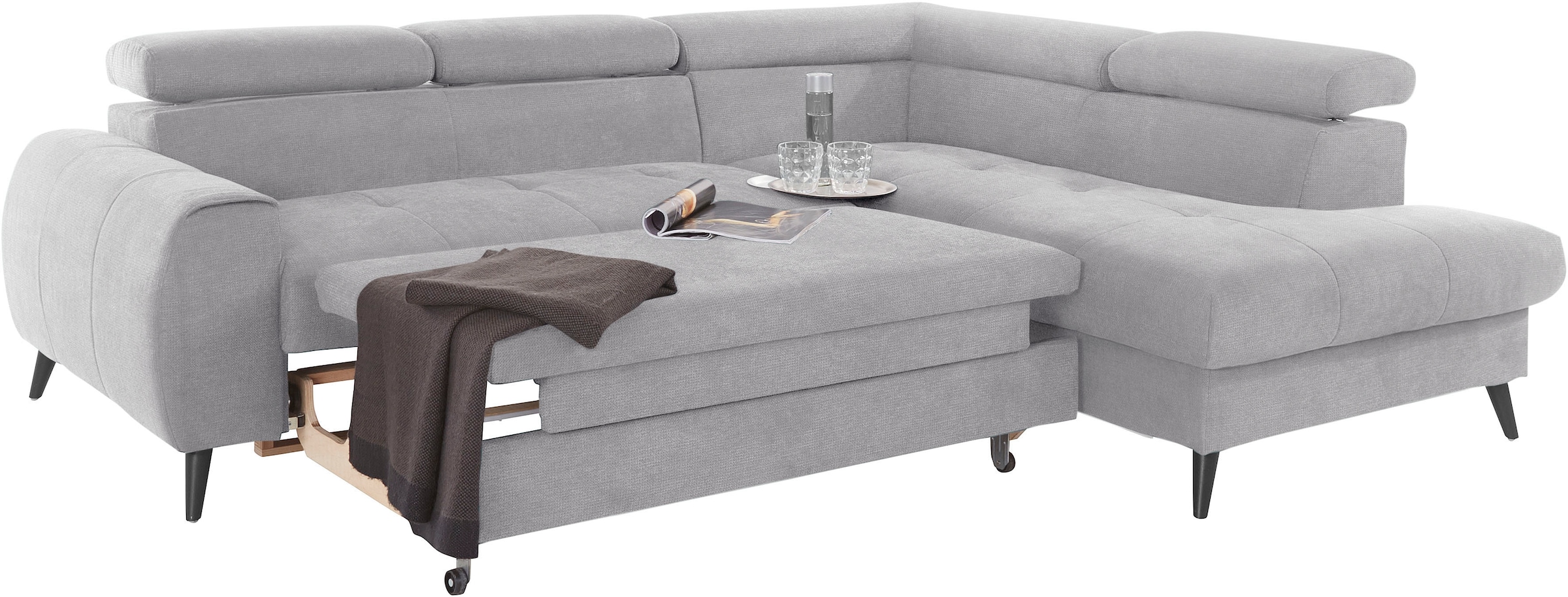 COTTA Ecksofa »Mia L-Form mit 3 Zierkissen«, wahlweise mit Bettfunktion, Bettkasten, Beleuchtung & Wireless-Charger