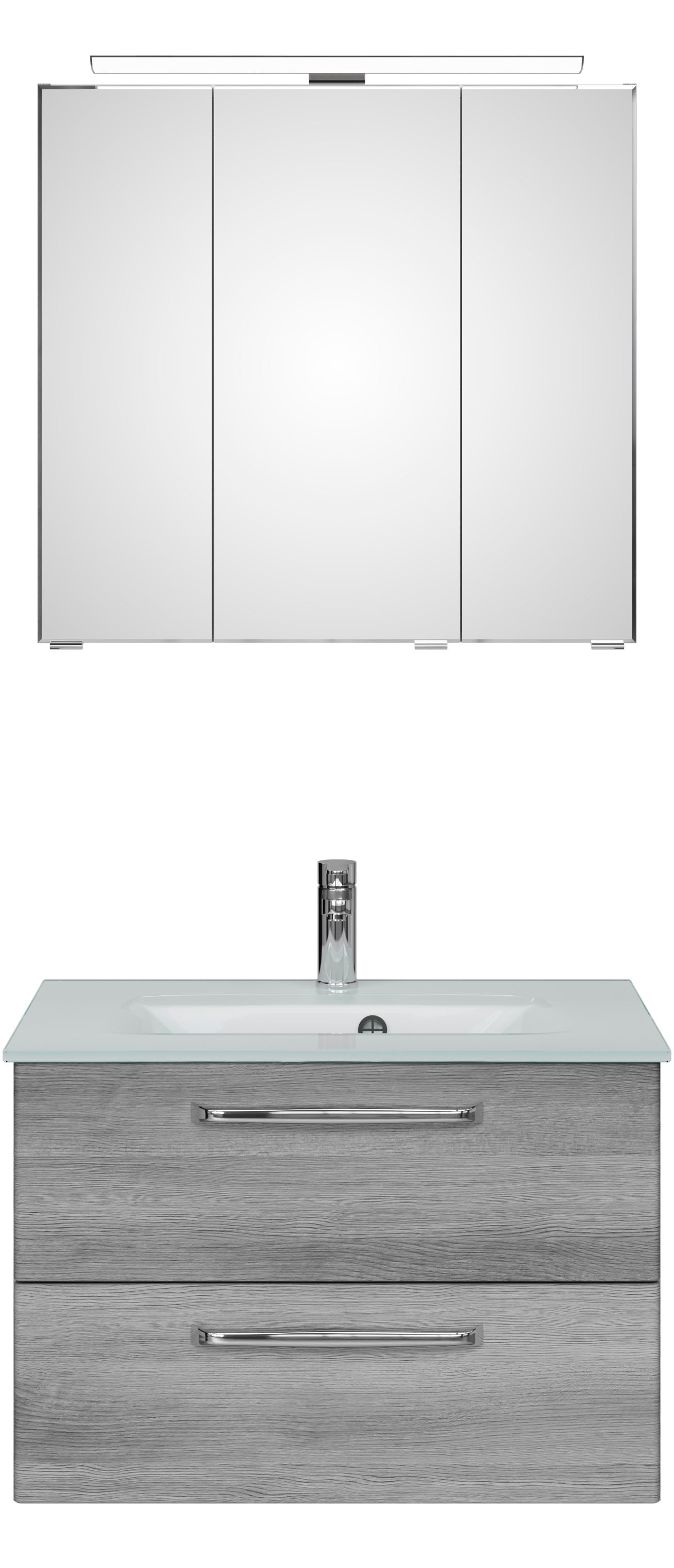 Saphir Badmöbel-Set »Trentino 2-teilig Glas-Waschtisch, Spiegelschrank mit LED-Leuchte«, (3 St.), Badmöbel-Set 77cm breit, inkl. Türdämpfer, 3 Türen, 2 Auszügen