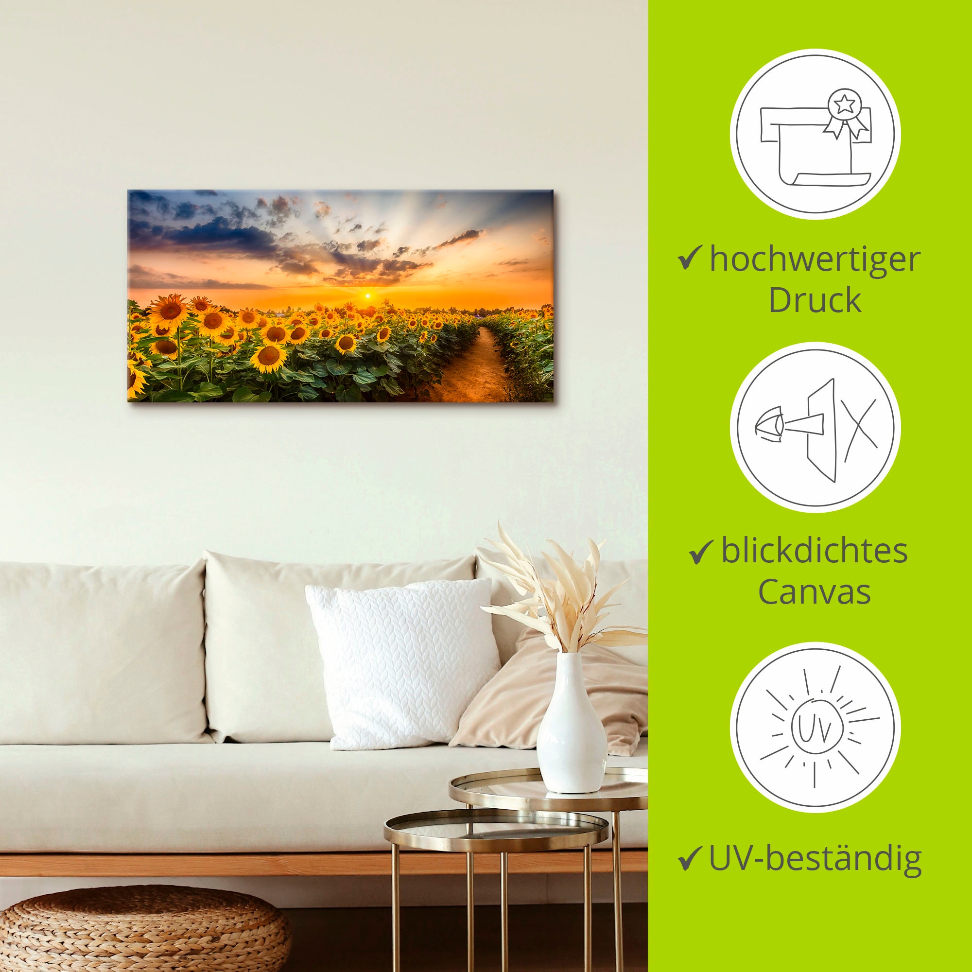 Artland Wandbild »Sonnenblumenfeld bei Sonnenuntergang«, Blumenbilder, (1 St.), als Alubild, Outdoorbild, Leinwandbild, Poster in verschied. Größen